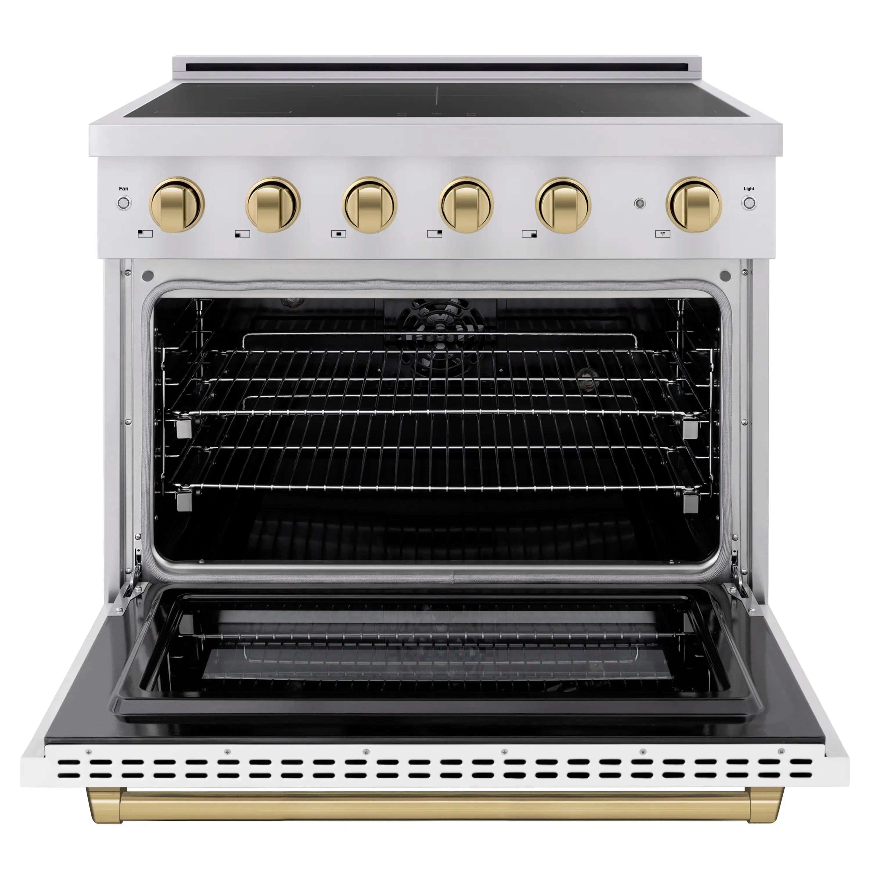 Stainless induction range with open electric convection oven and five bronze control knobs