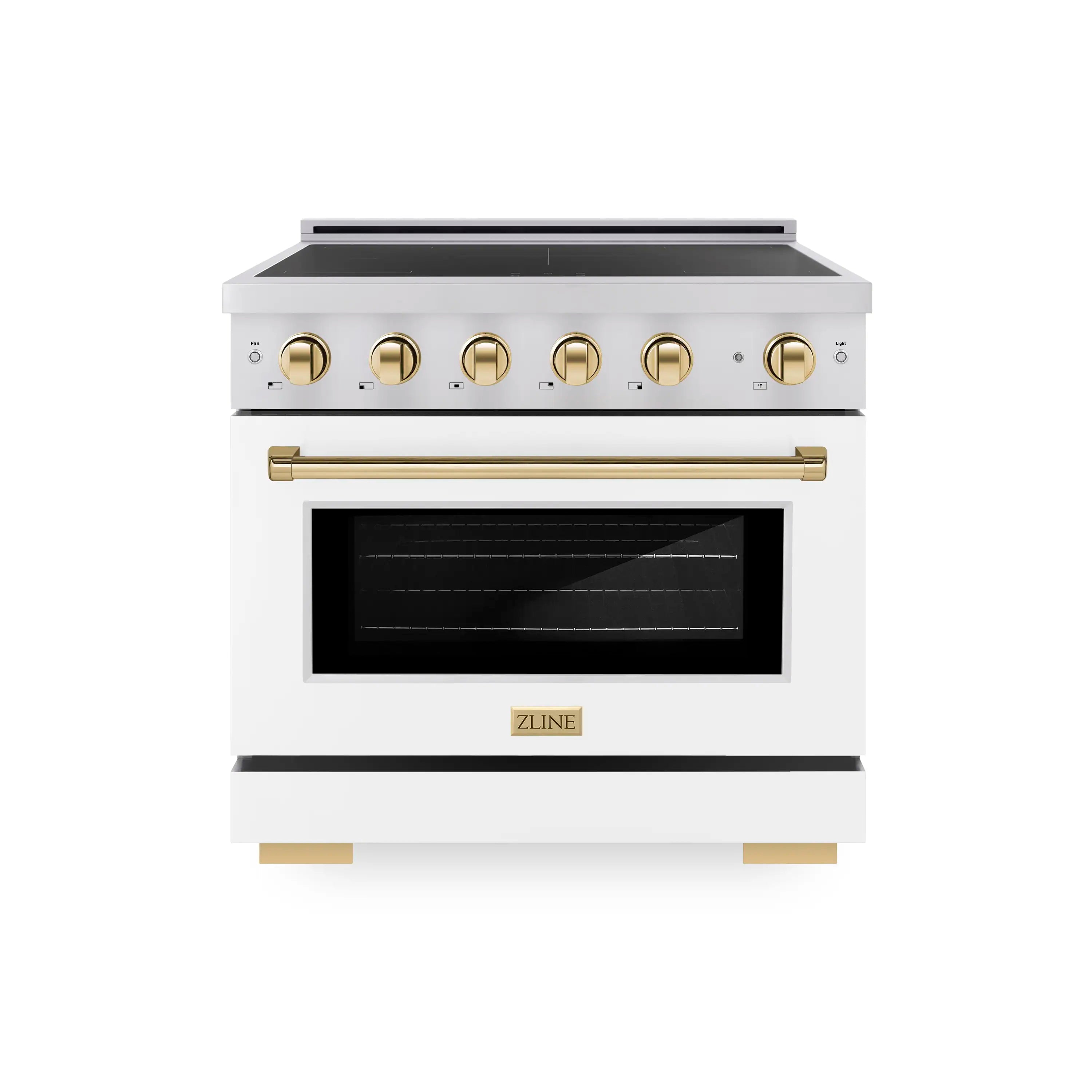 White electric induction range front with gold knobs and black oven window