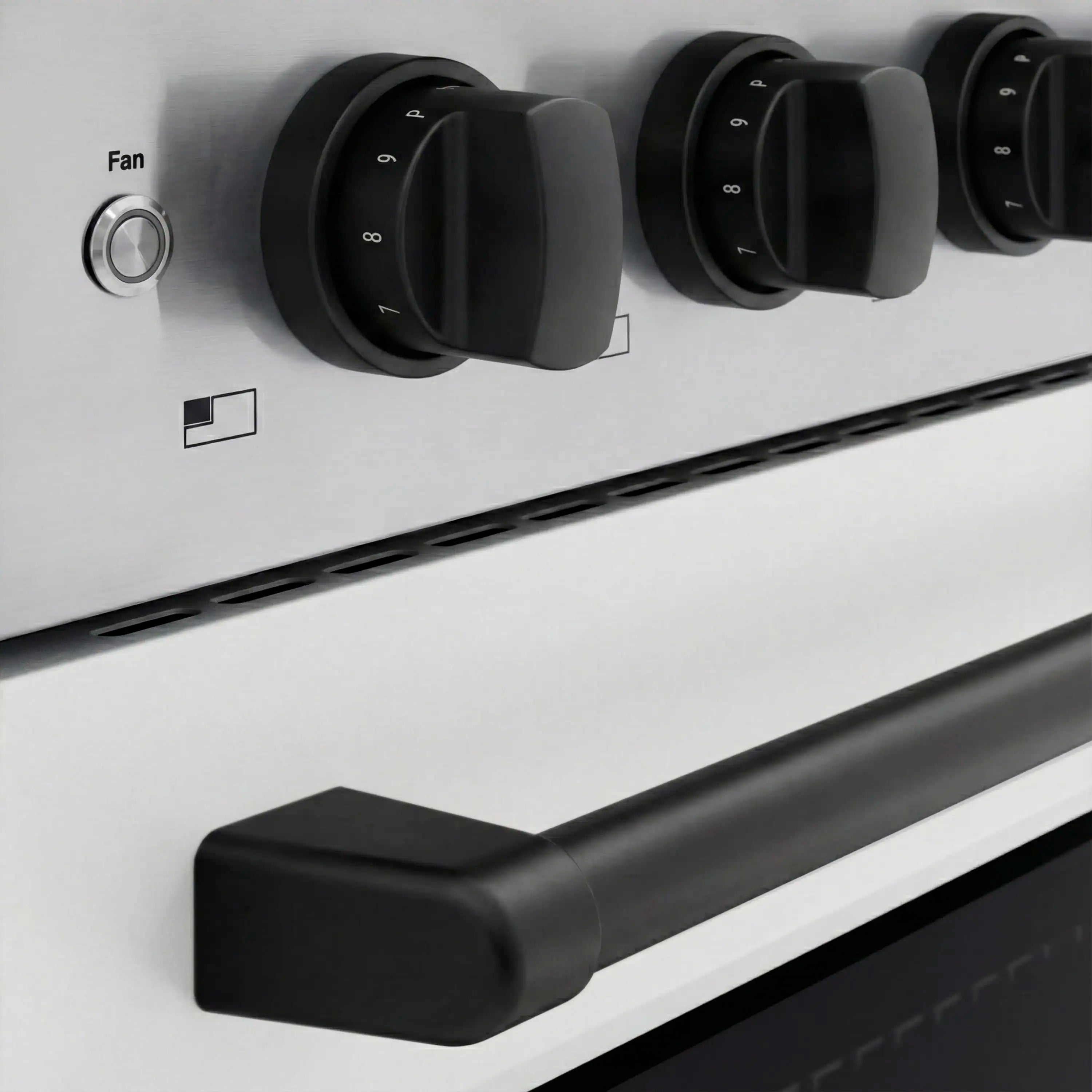 Stainless steel oven control panel with matte black rotary knobs, including Fan