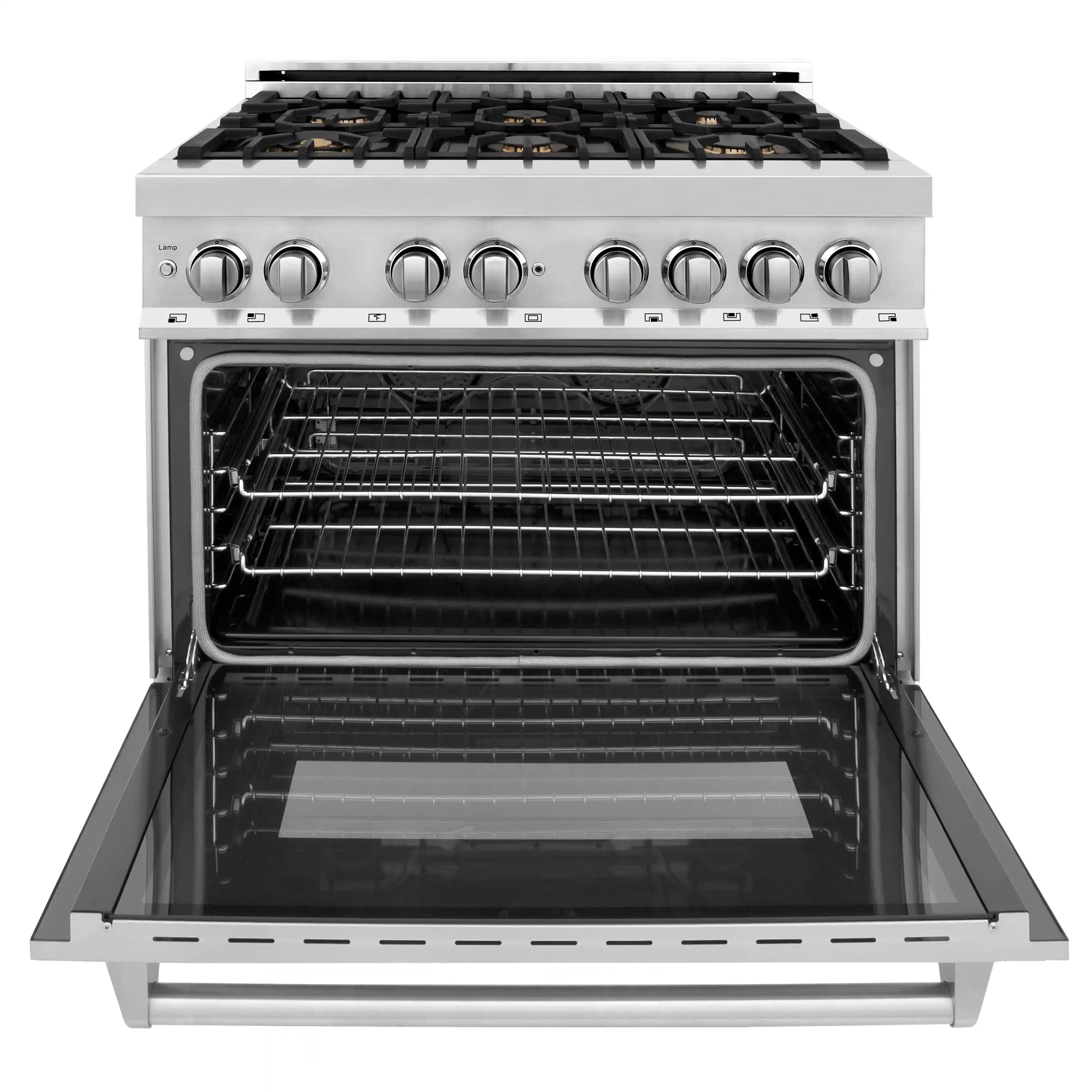 Stainless steel dual fuel range with open electric oven cavity and racks
