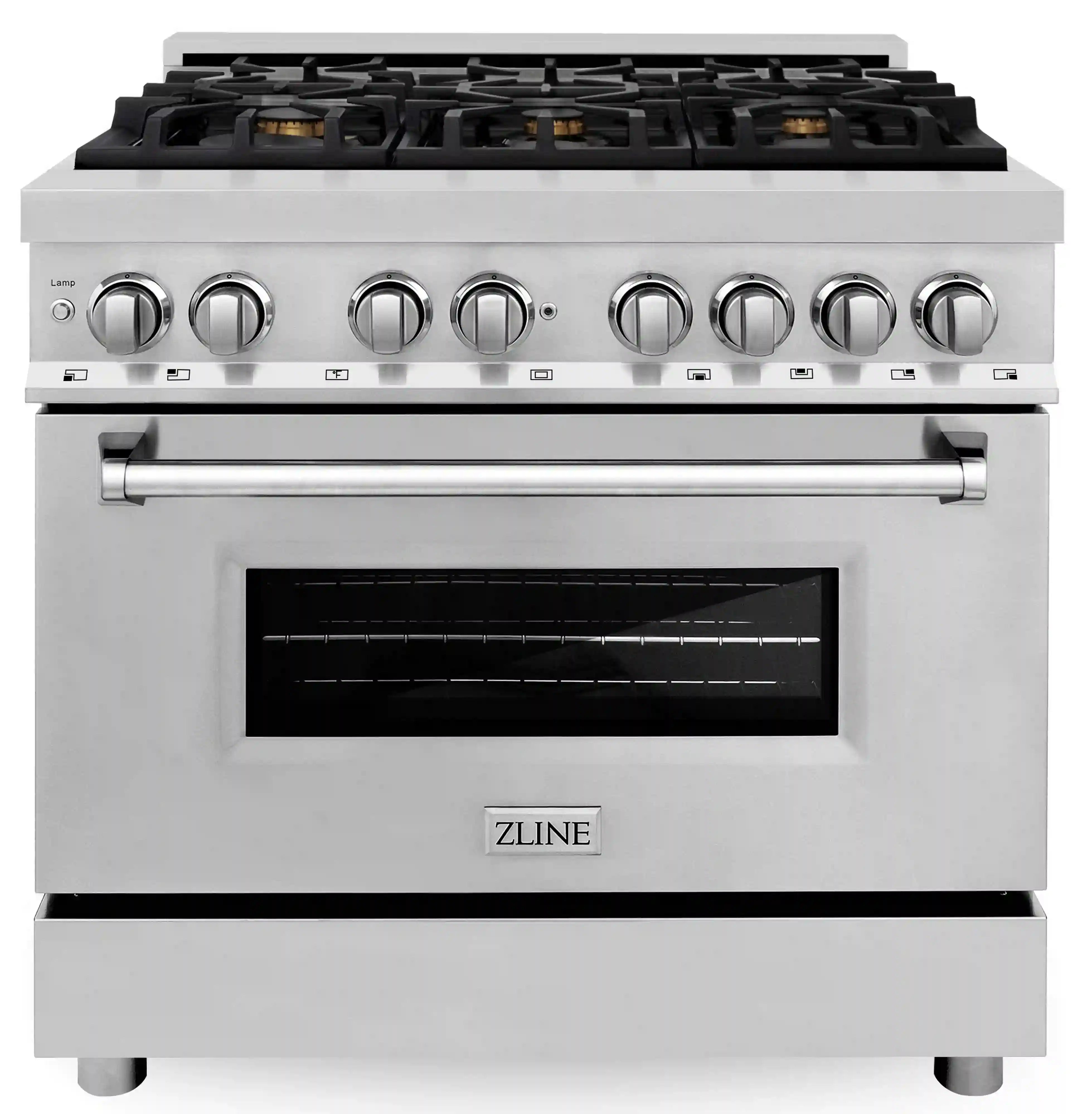 Stainless steel dual fuel range with six gas burners and electric oven door