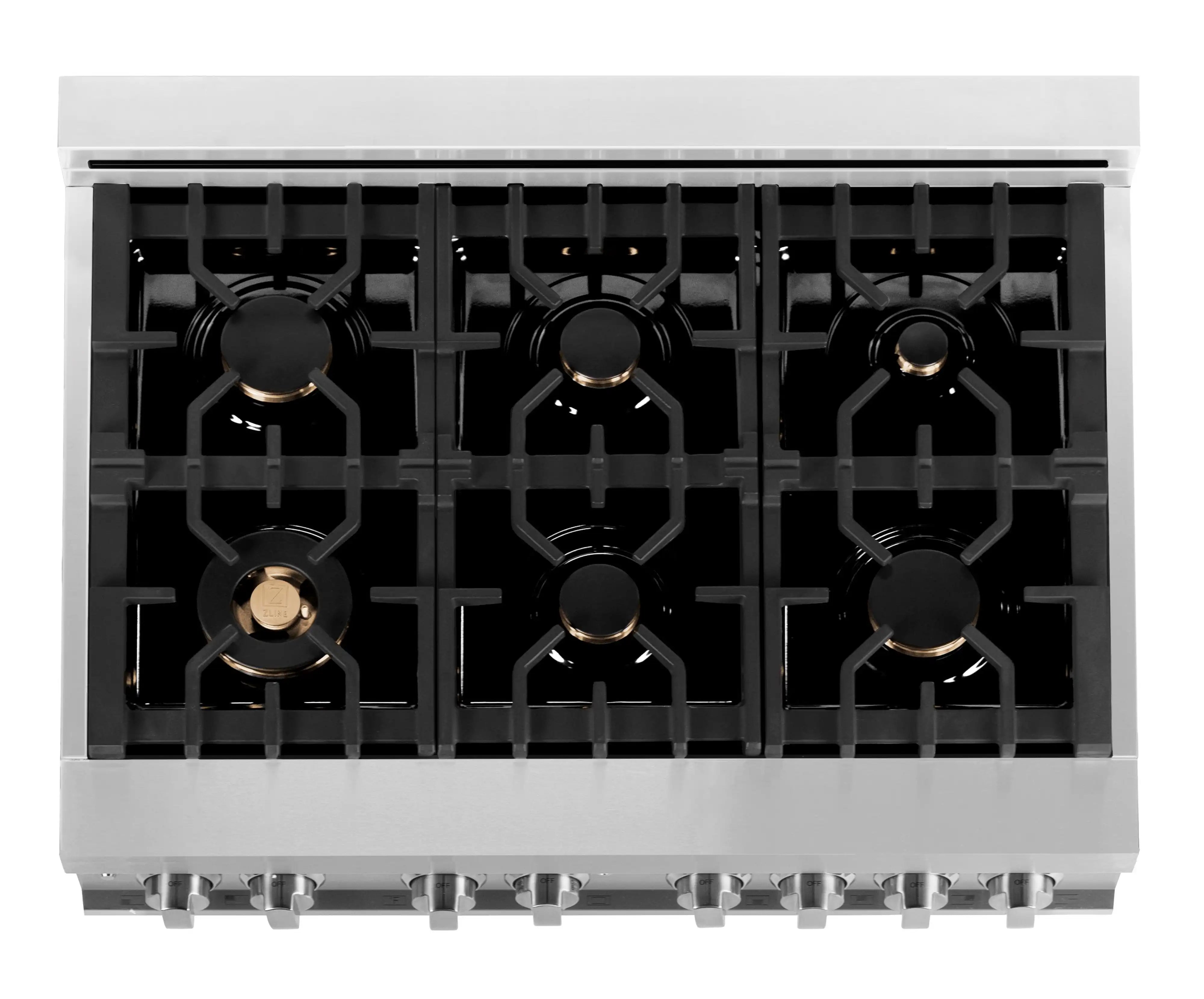 Stainless steel dual fuel range cooktop with six black burner grates
