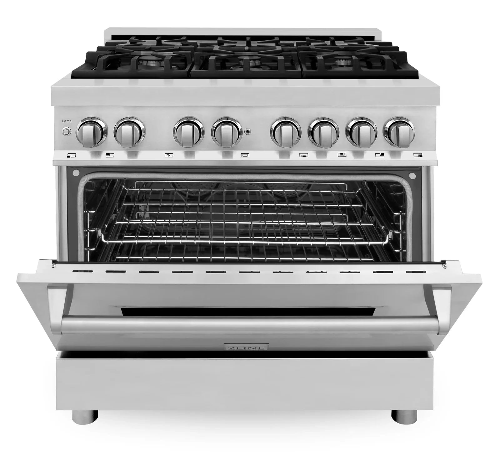 Stainless dual fuel range with oven door open and wire rack inside