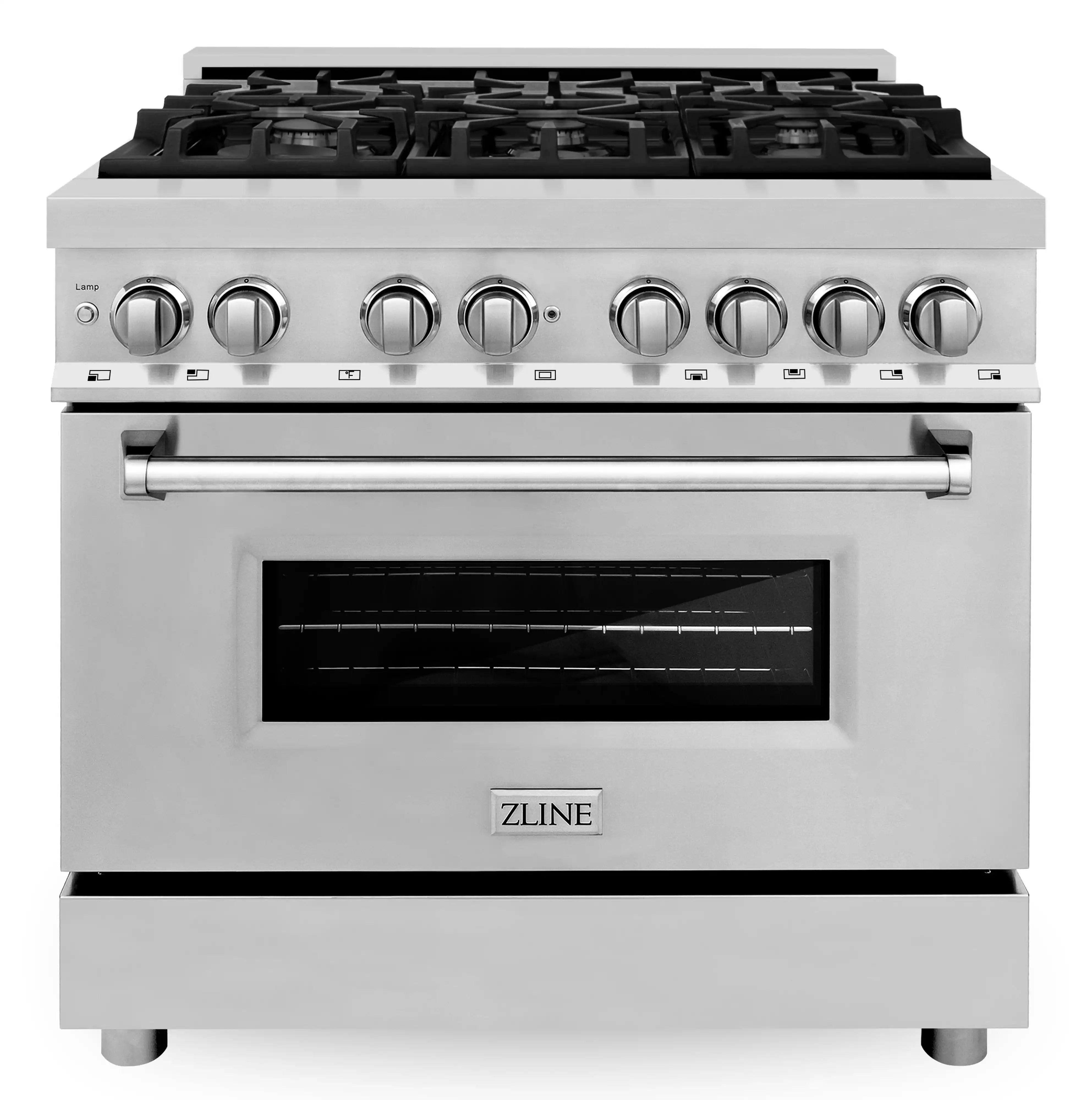 ZLINE stainless dual-fuel range with glass oven window and control knobs