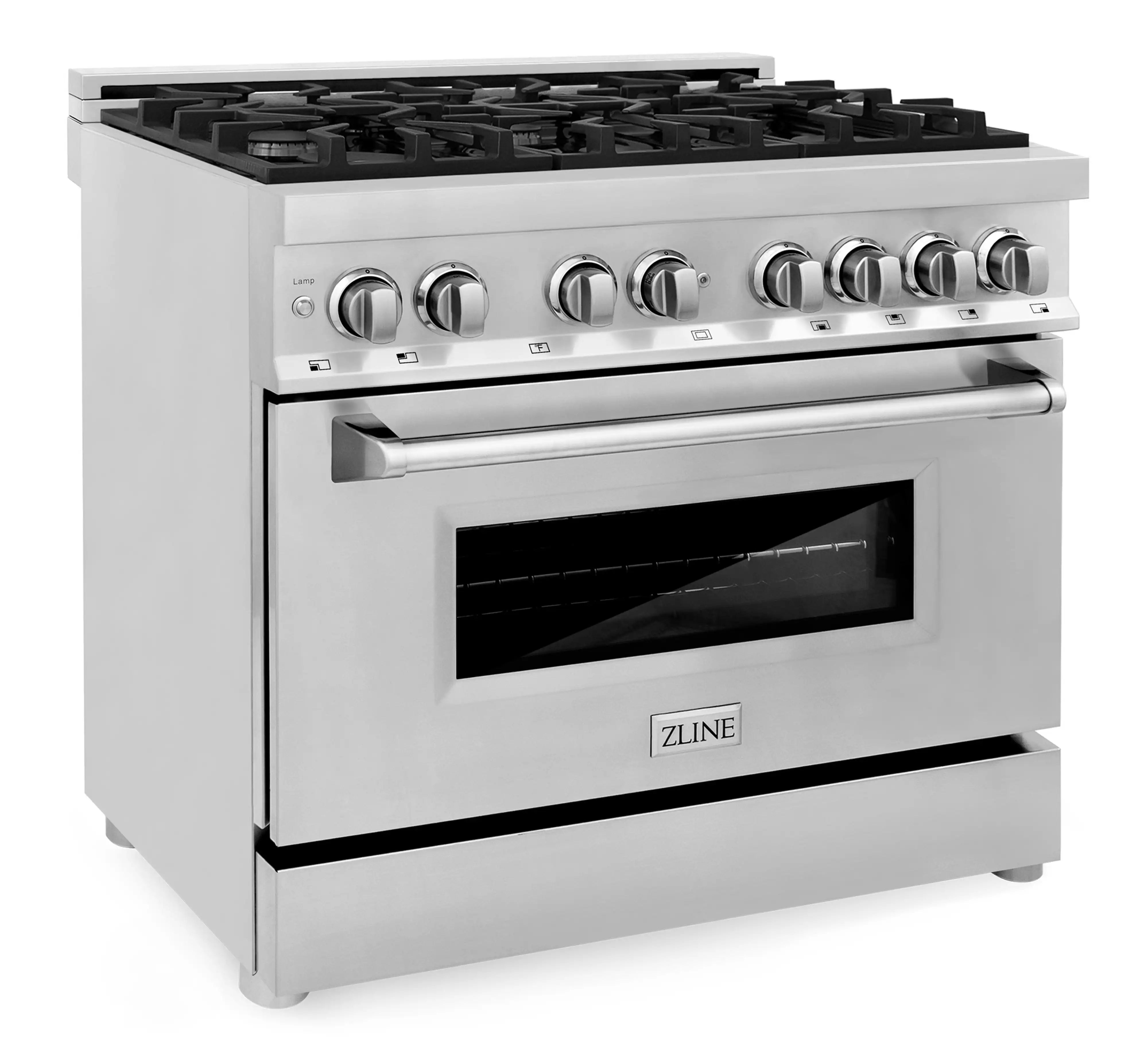 ZLINE stainless dual-fuel range with glass oven window and control dials