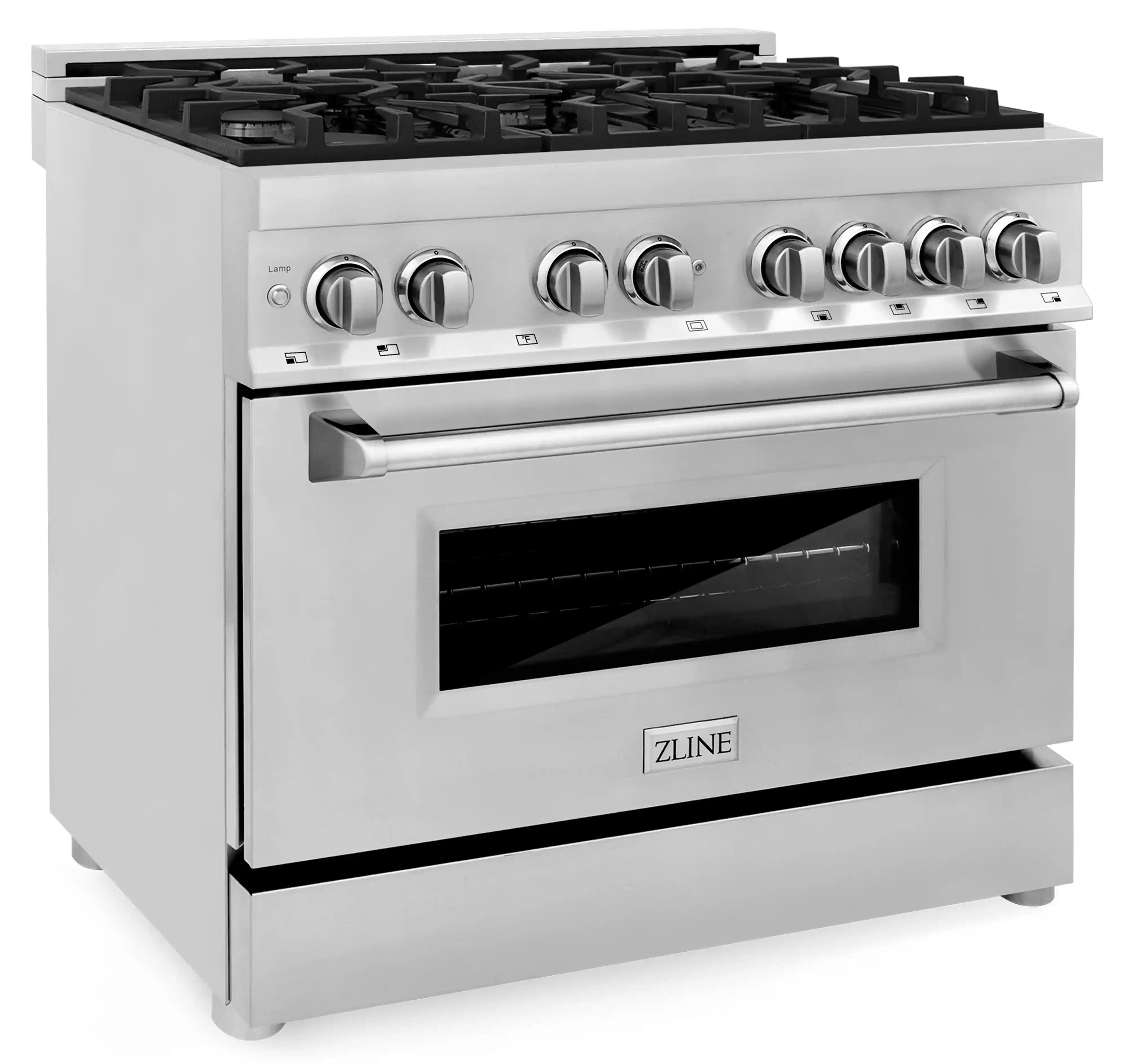 Stainless dual fuel range front view with burner knobs and oven door.