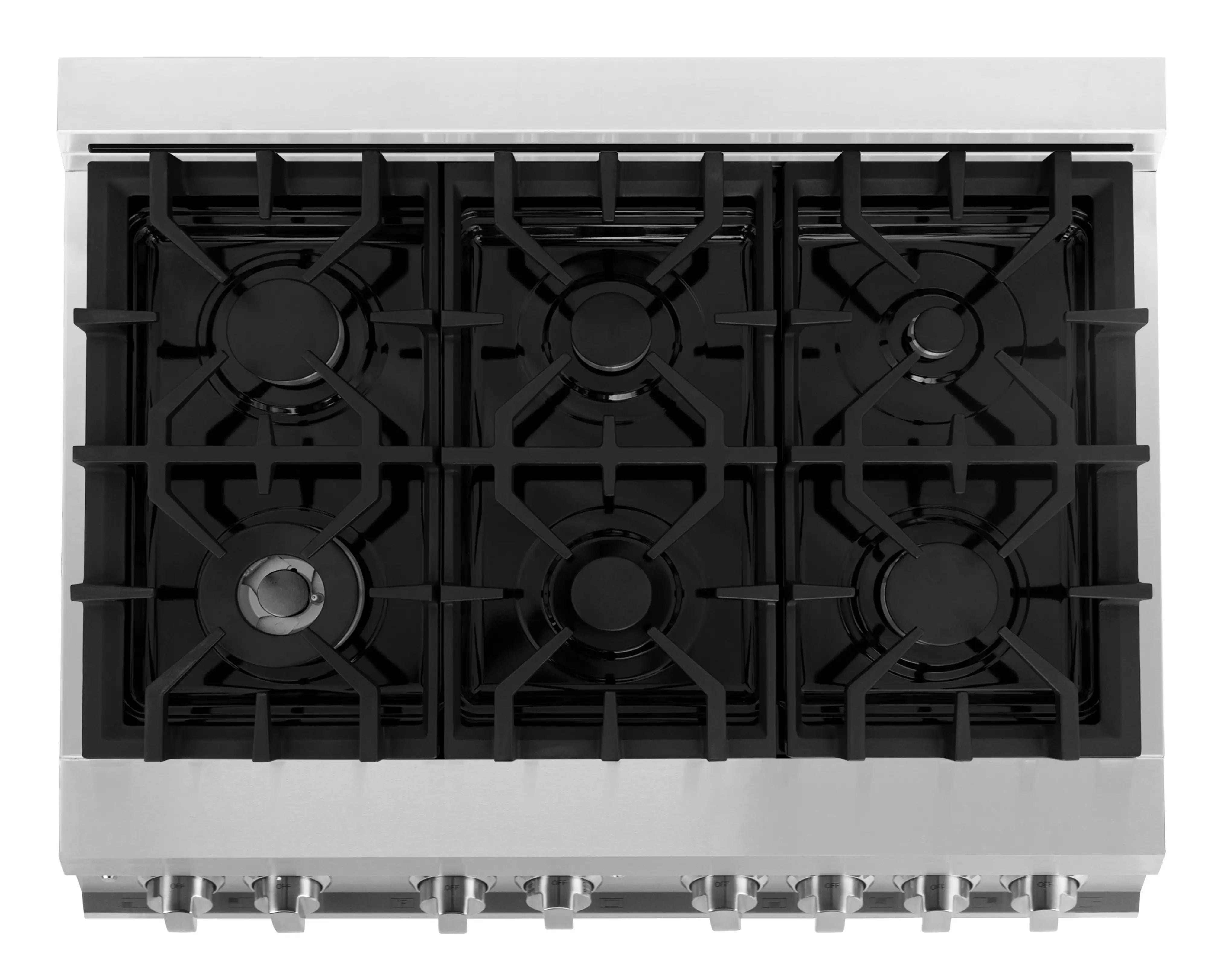 Stainless steel cooktop with six black gas burner grates and burner caps