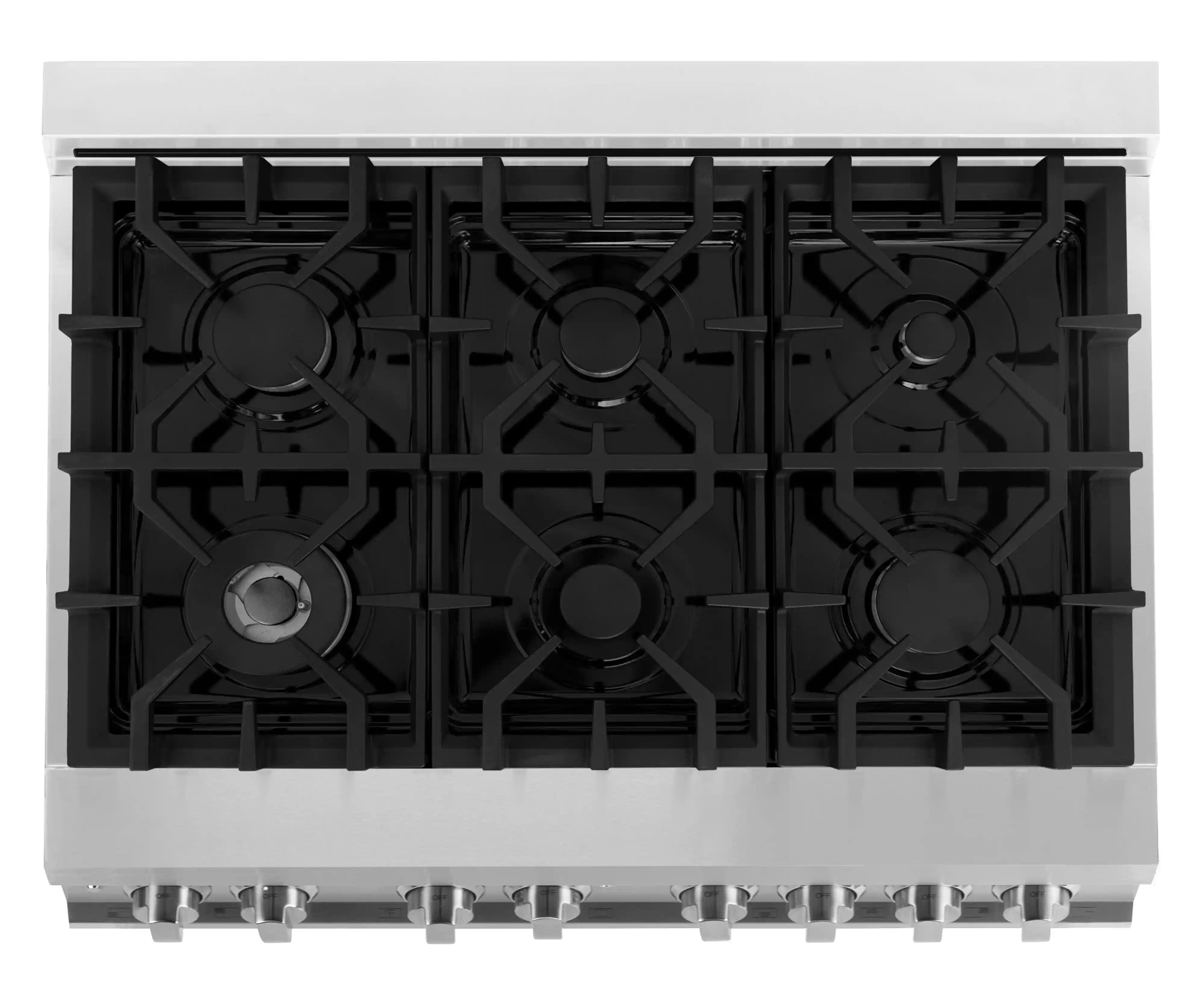 Top burner section of a dual fuel range with six black cast grates.