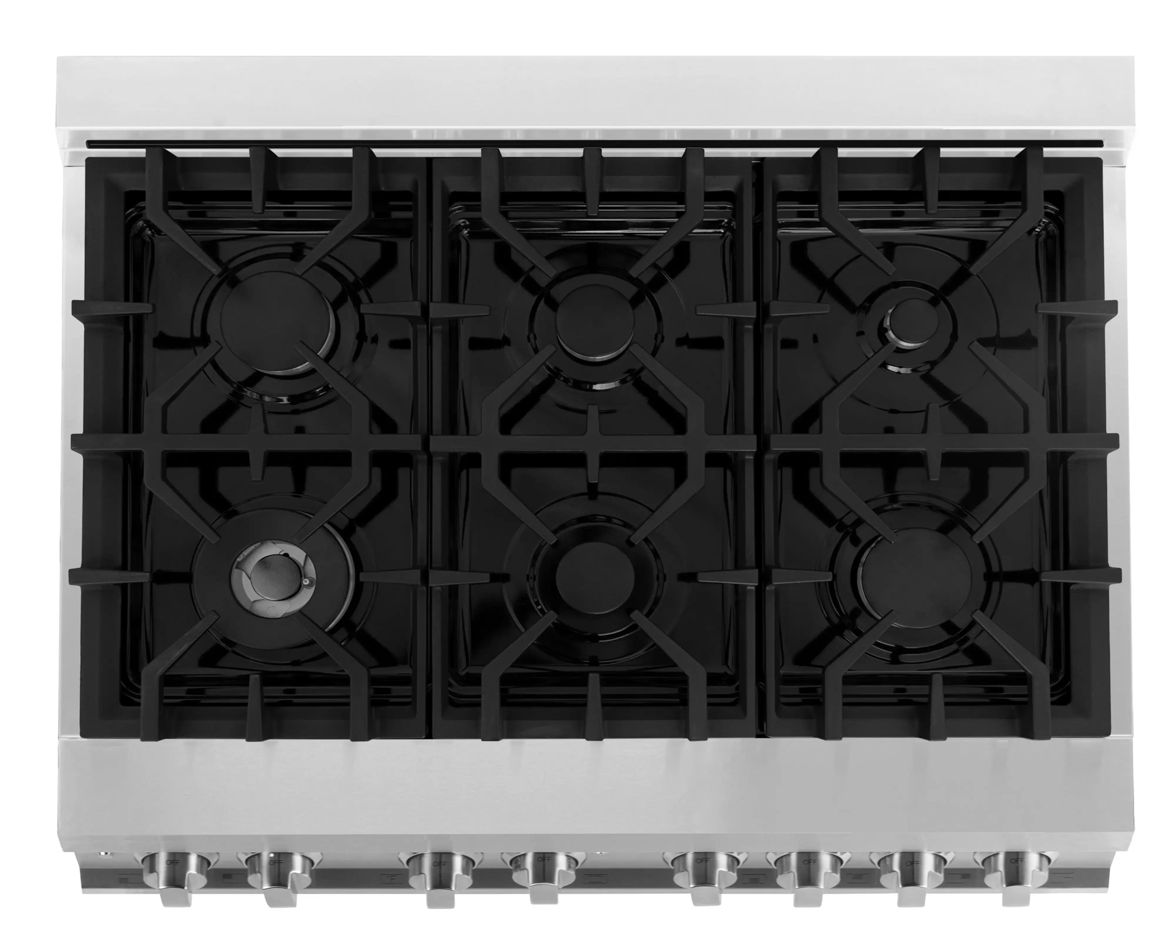 Stainless dual-fuel range cooktop with six black gas burner grates