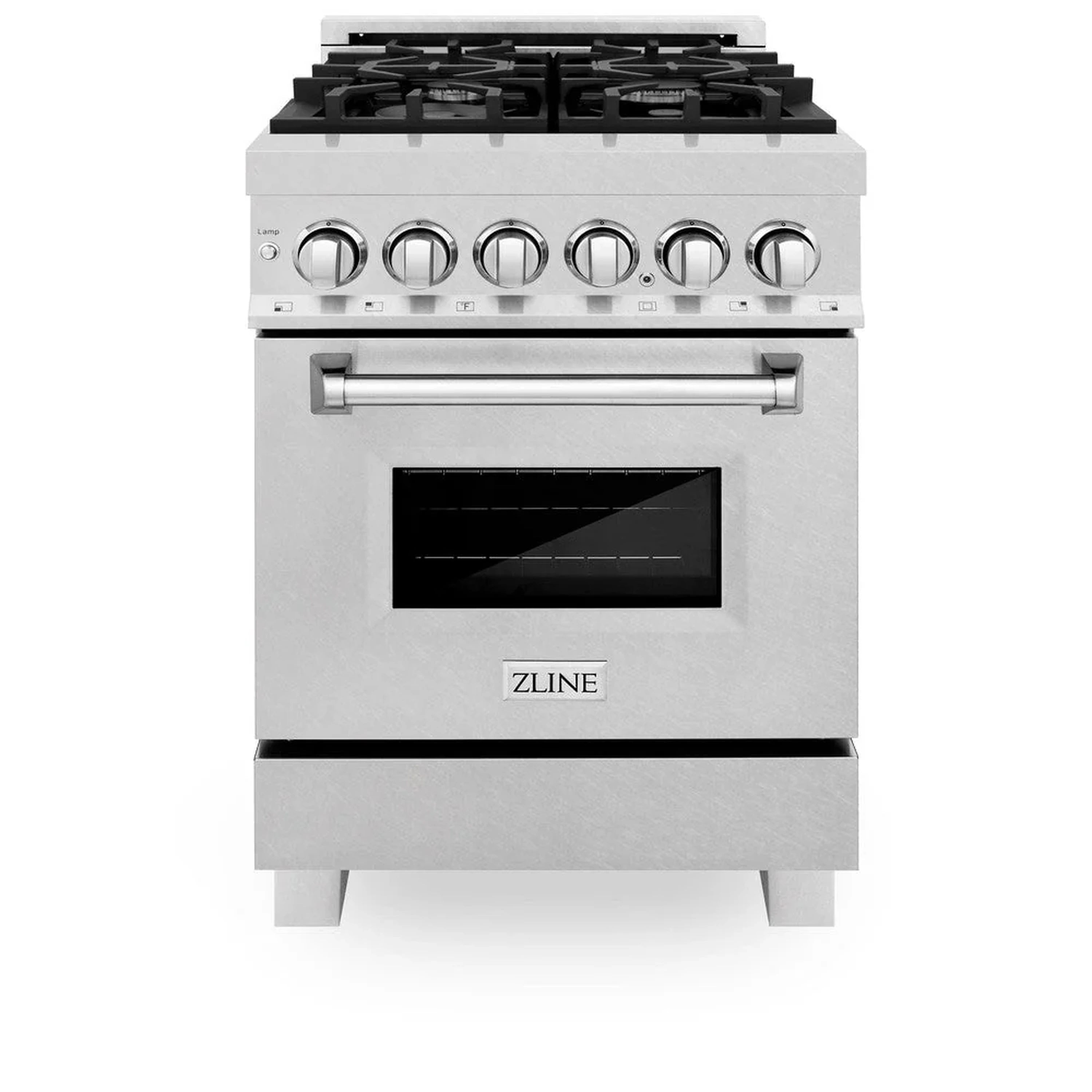 Stainless steel ZLINE range with glass oven window, handle, and burner grates