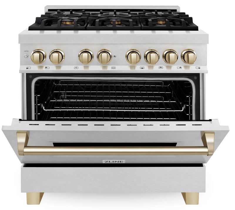 ZLINE Autograph Edition 36-Inch Dual Fuel Range with Gas Stove and Electric Oven in DuraSnow Stainless Steel with Gold Accents (RASZ-SN-36-G)