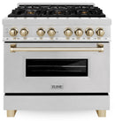 ZLINE Legacy Series Autograph Edition 36-inch Dual Fuel Range with Gas Stove and 4.6 Cu. Ft. Electric Oven in Fingerprint Resistant Satin Stainless Steel with Gold Accents (RASZ-SN-36-G)