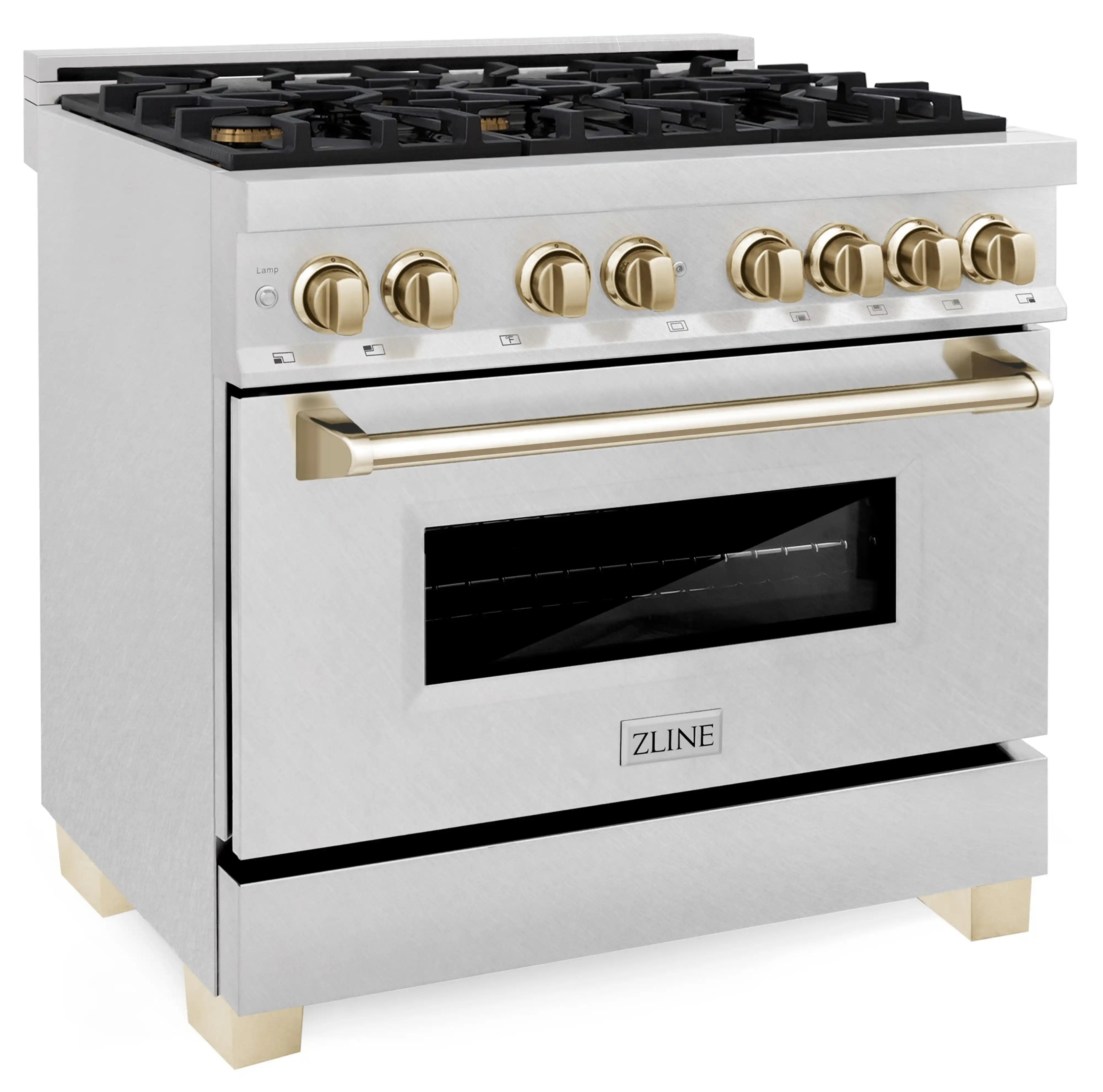Dual fuel gas range with satin stainless body, gold knobs, and open oven door