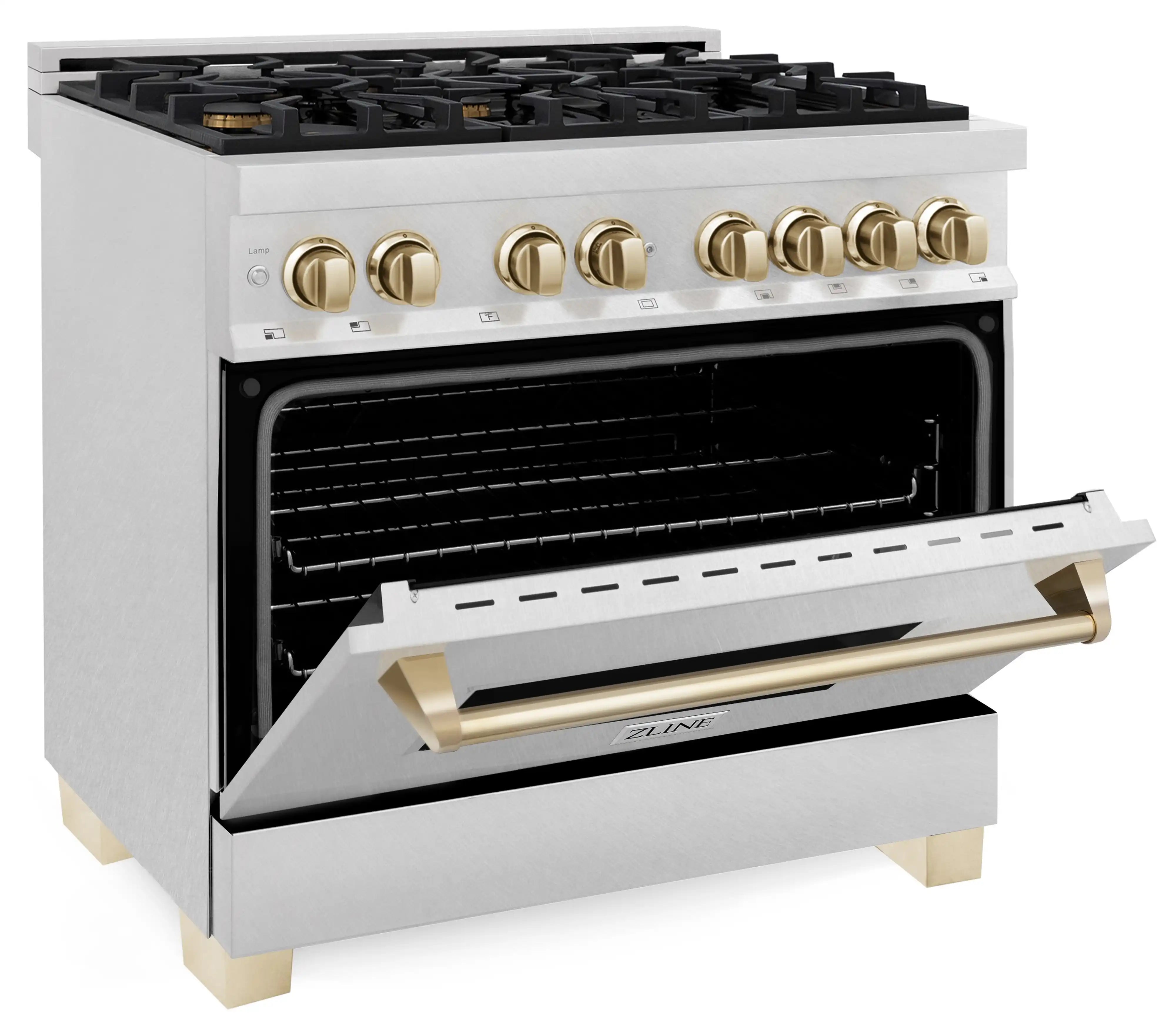 Dual fuel range side view with open oven, gold knobs, and satin stainless trim