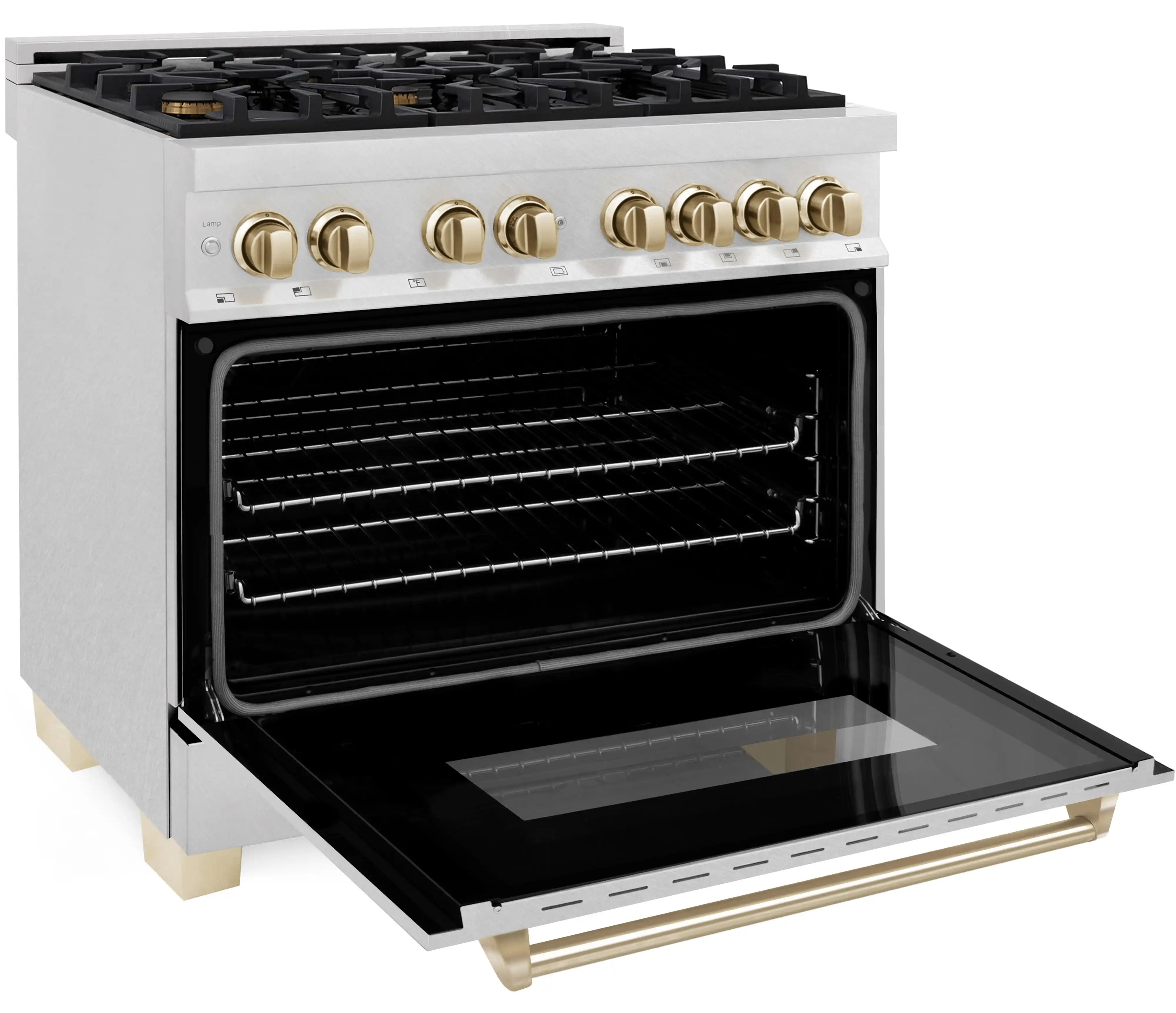 Dual fuel range with open oven door showing black cavity and gold control knobs