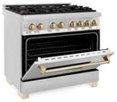 ZLINE 5-Piece Appliance Package - 36-Inch Legacy Autograph Dual Fuel Range, Wall Mount Range Hood, 36-Inch French Door Refrigerator, Dishwasher, and 30-Inch Microwave Drawer in Stainless Steel with Gold Accents