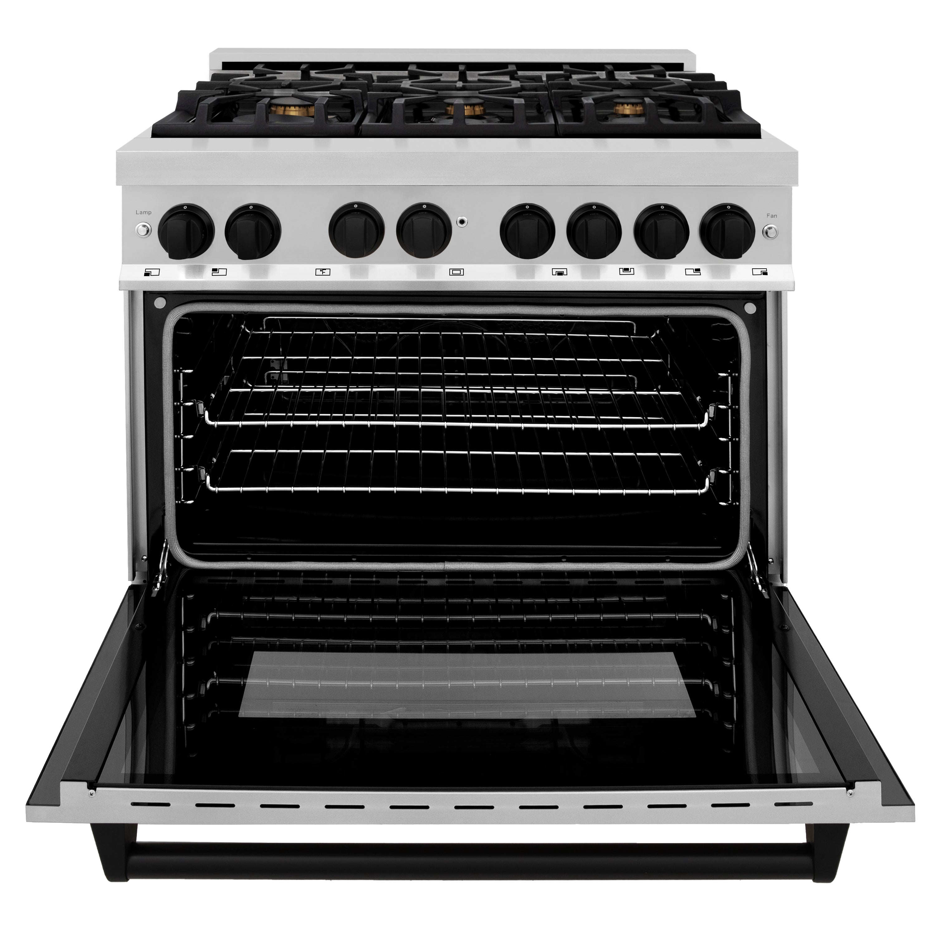 Stainless steel dual fuel range with fully open oven door and wire rack