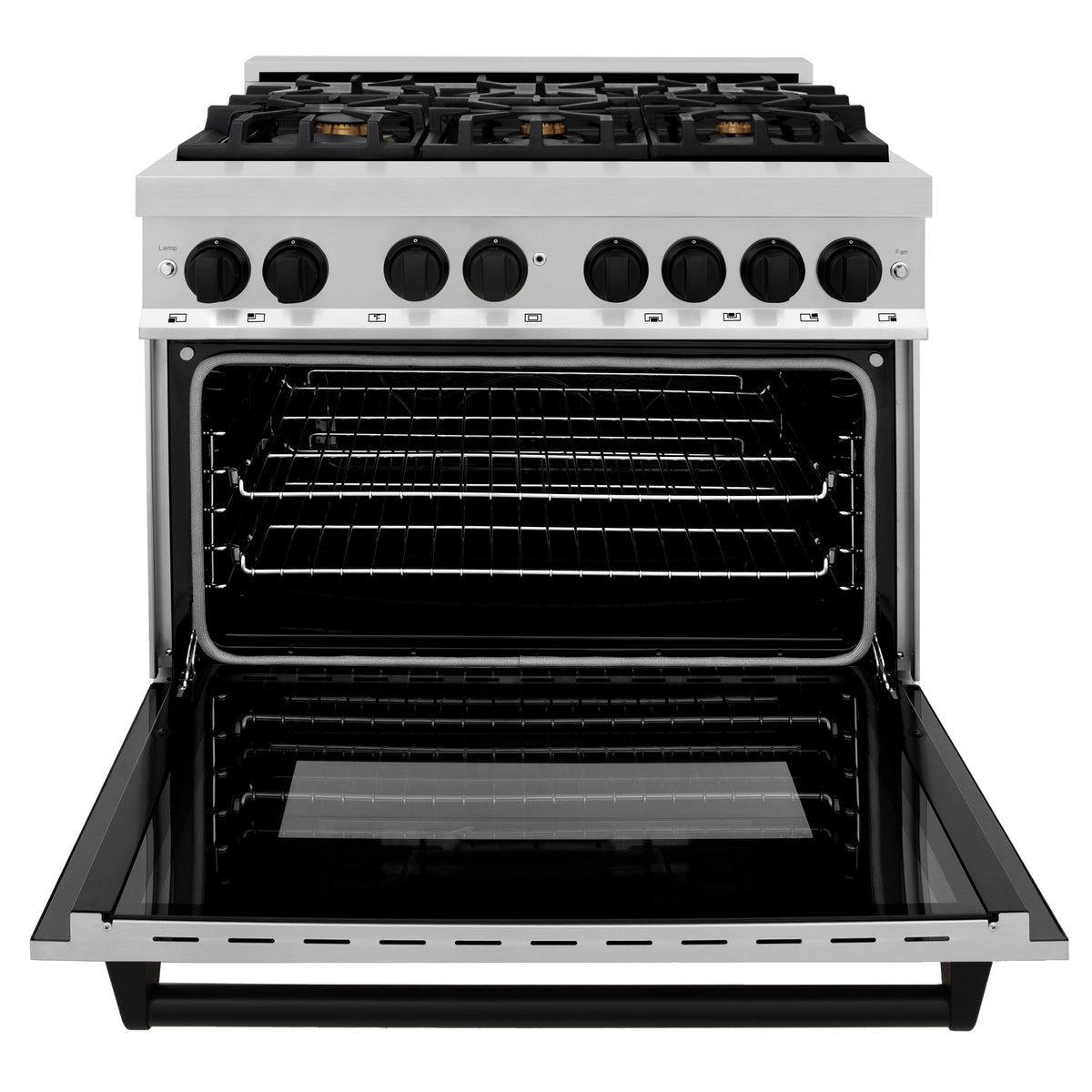Stainless dual fuel range with gas burners and open electric oven cavity
