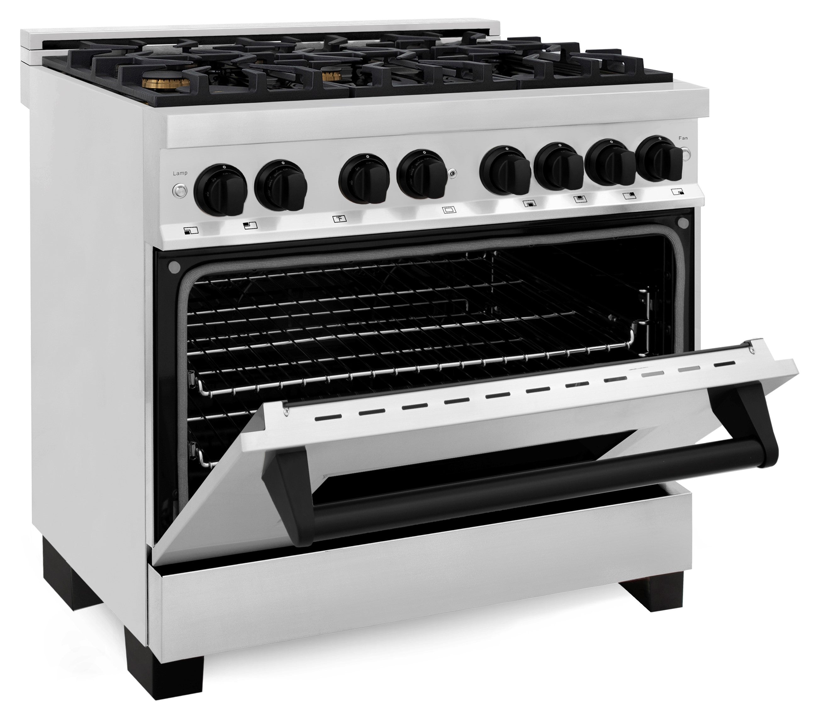 Stainless steel dual-fuel range with open oven door and interior racks