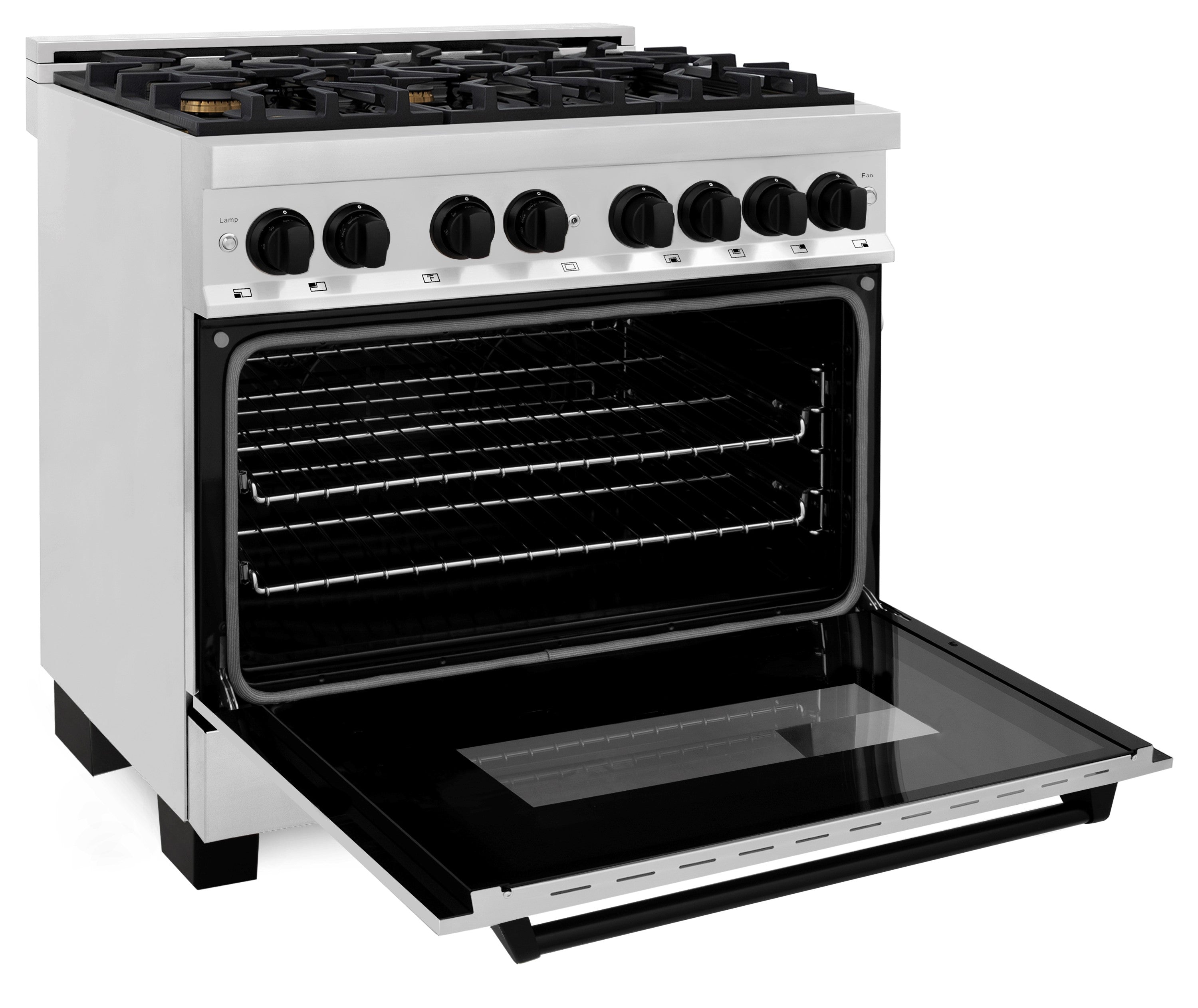 Dual fuel range open oven cavity with wire racks and extended broiler drawer