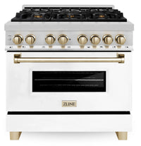 ZLINE Legacy Series Autograph Edition 36-inch Dual Fuel Range with Gas Stove and 4.6 Cu. Ft. Electric Oven in Stainless Steel with White Matte Door and Gold Accents (RAZ-WM-36-G)