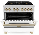 ZLINE Legacy Series Autograph Edition 36-inch Dual Fuel Range with Gas Stove and 4.6 Cu. Ft. Electric Oven in Stainless Steel with White Matte Door and Gold Accents (RAZ-WM-36-G)