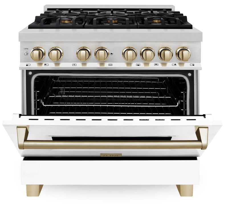 ZLINE Autograph Edition 36-Inch 4.6 cu. ft. Dual Fuel Range with Gas Stove and Electric Oven in Stainless Steel with White Matte Door and Gold Accents (RAZ-WM-36-G)
