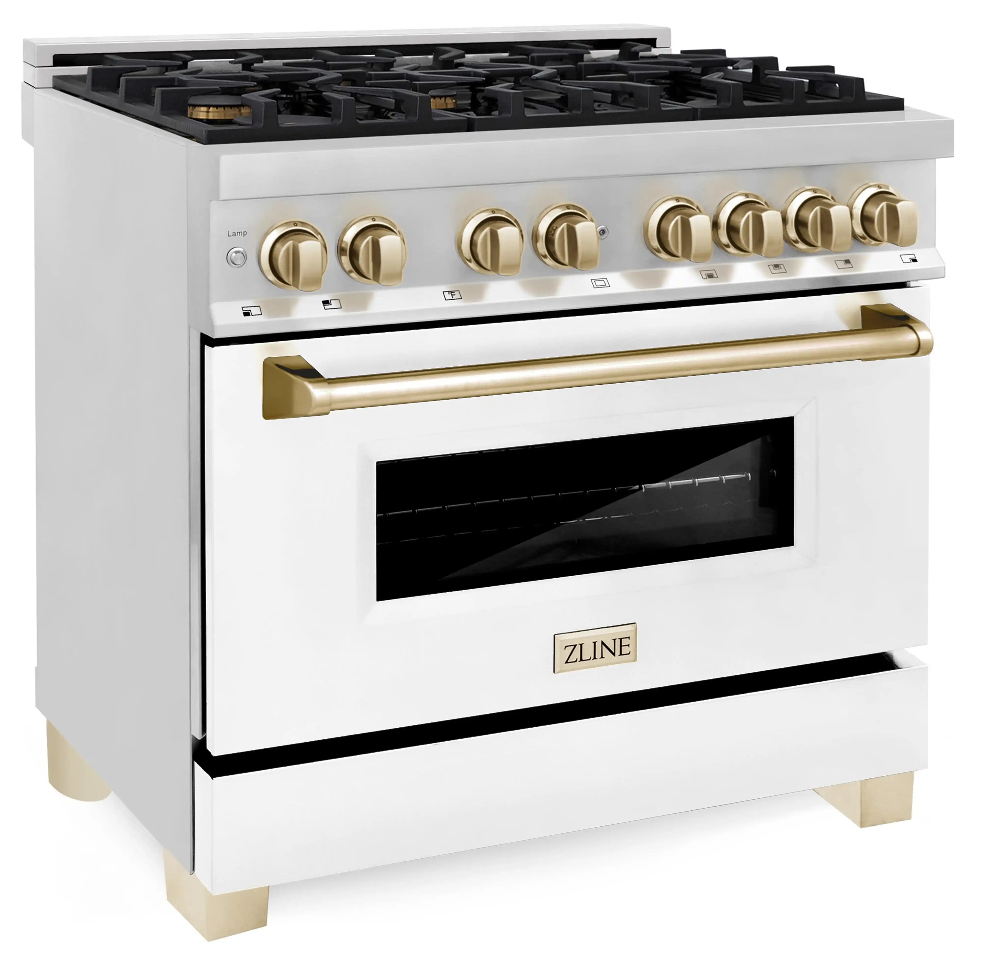 Stainless range with white oven door and gold handle, black glass viewing window