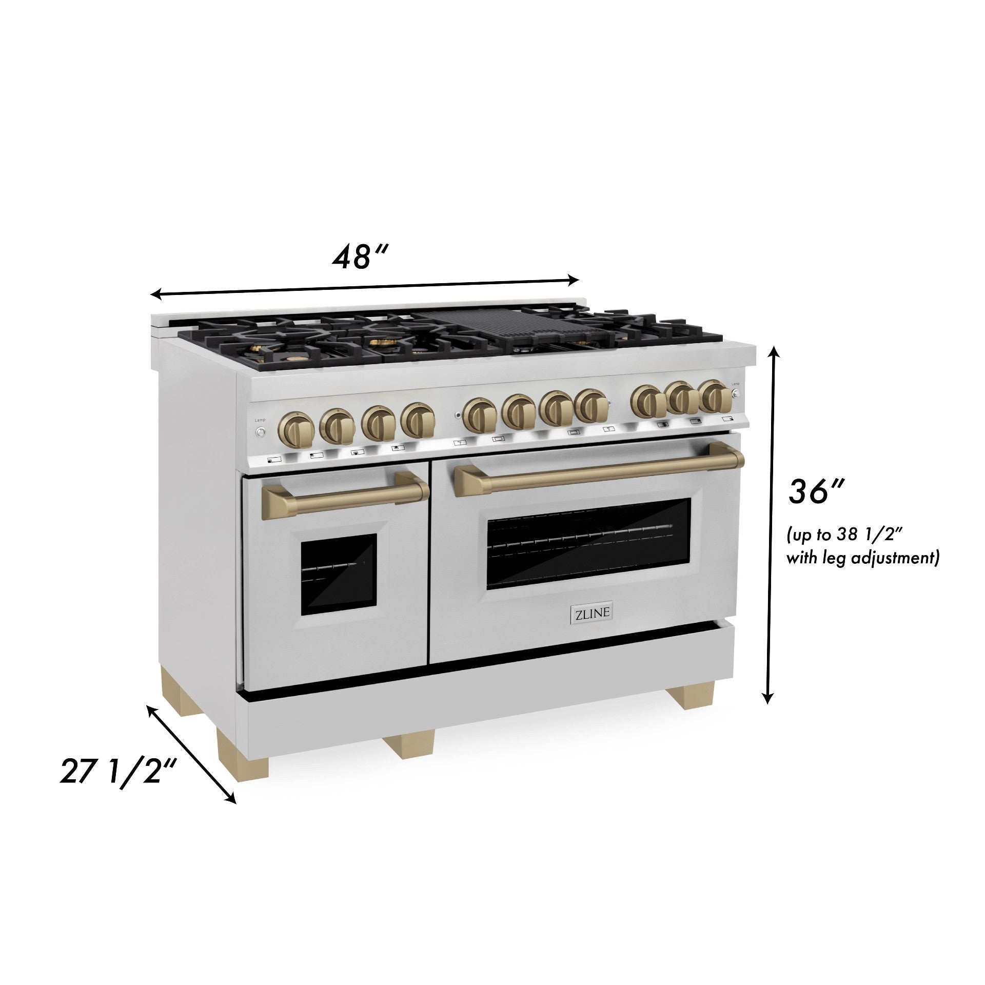 Stainless 48-inch dual fuel range with champagne bronze trim and gold-tone oven handles