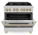 ZLINE 5-Piece Appliance Package - 36-Inch Legacy Autograph Dual Fuel Range, Wall Mount Range Hood, 36-Inch French Door Refrigerator with Water Dispenser, Dishwasher, and 30-Inch Microwave Drawer in Stainless Steel with Gold Accents