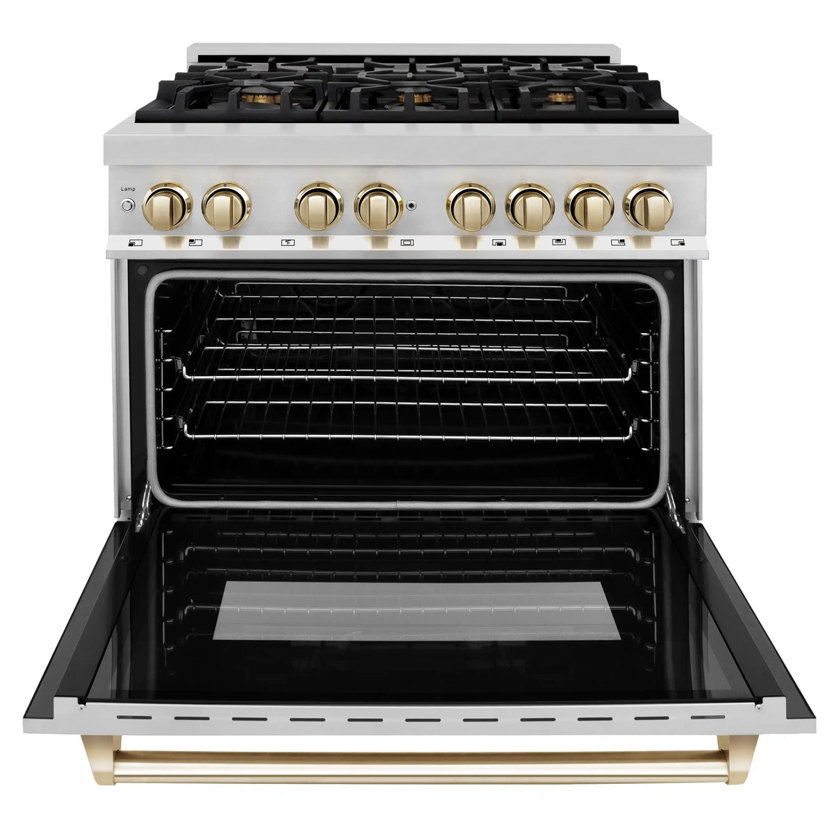 Stainless dual fuel range with oven door open, black interior, and gold handle