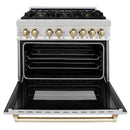 ZLINE 5-Piece Appliance Package - 36-Inch Legacy Autograph Dual Fuel Range, Wall Mount Range Hood, 36-Inch French Door Refrigerator, Dishwasher, and 30-Inch Microwave Drawer in Stainless Steel with Gold Accents