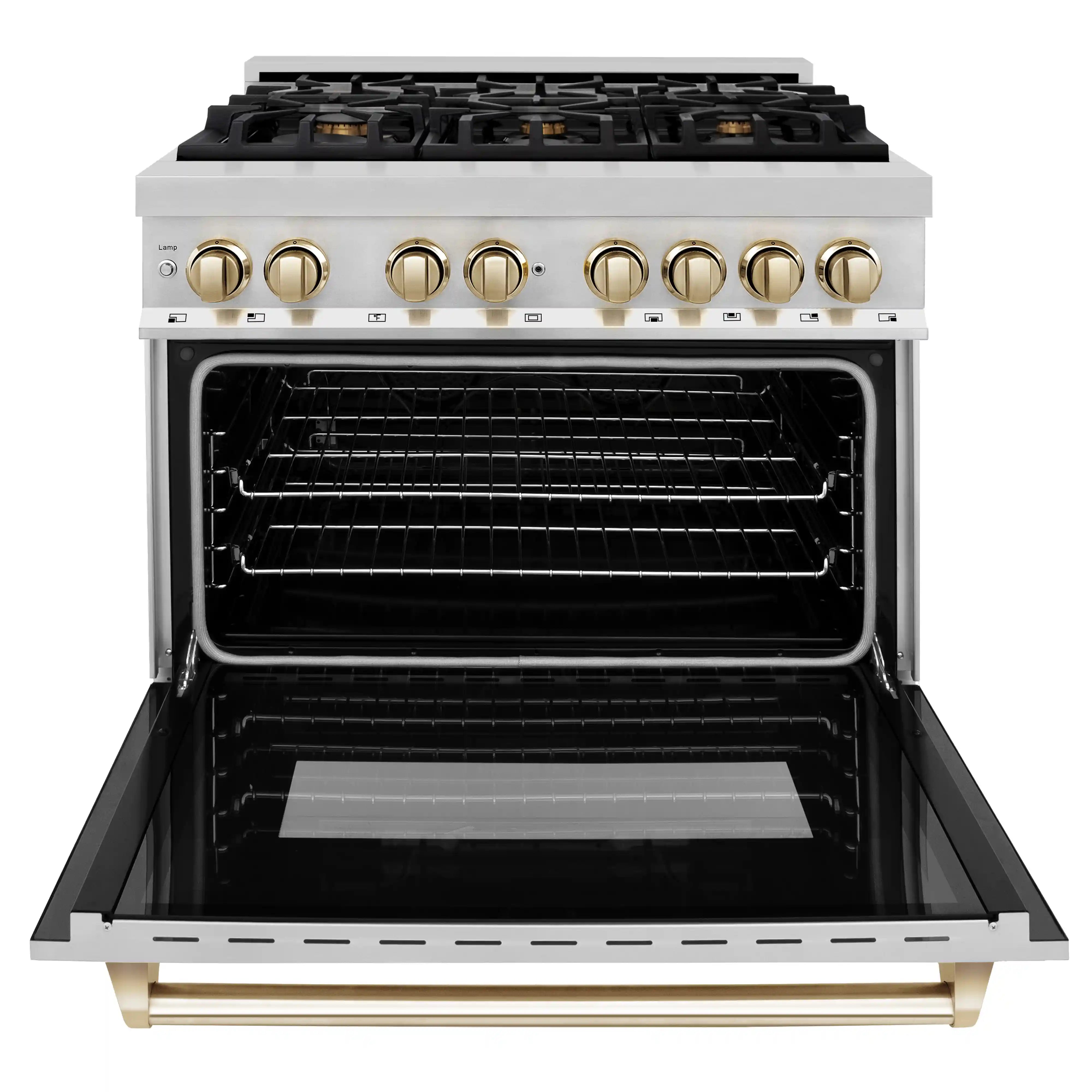 Stainless steel range with gold knobs, oven interior showing racks and back heating