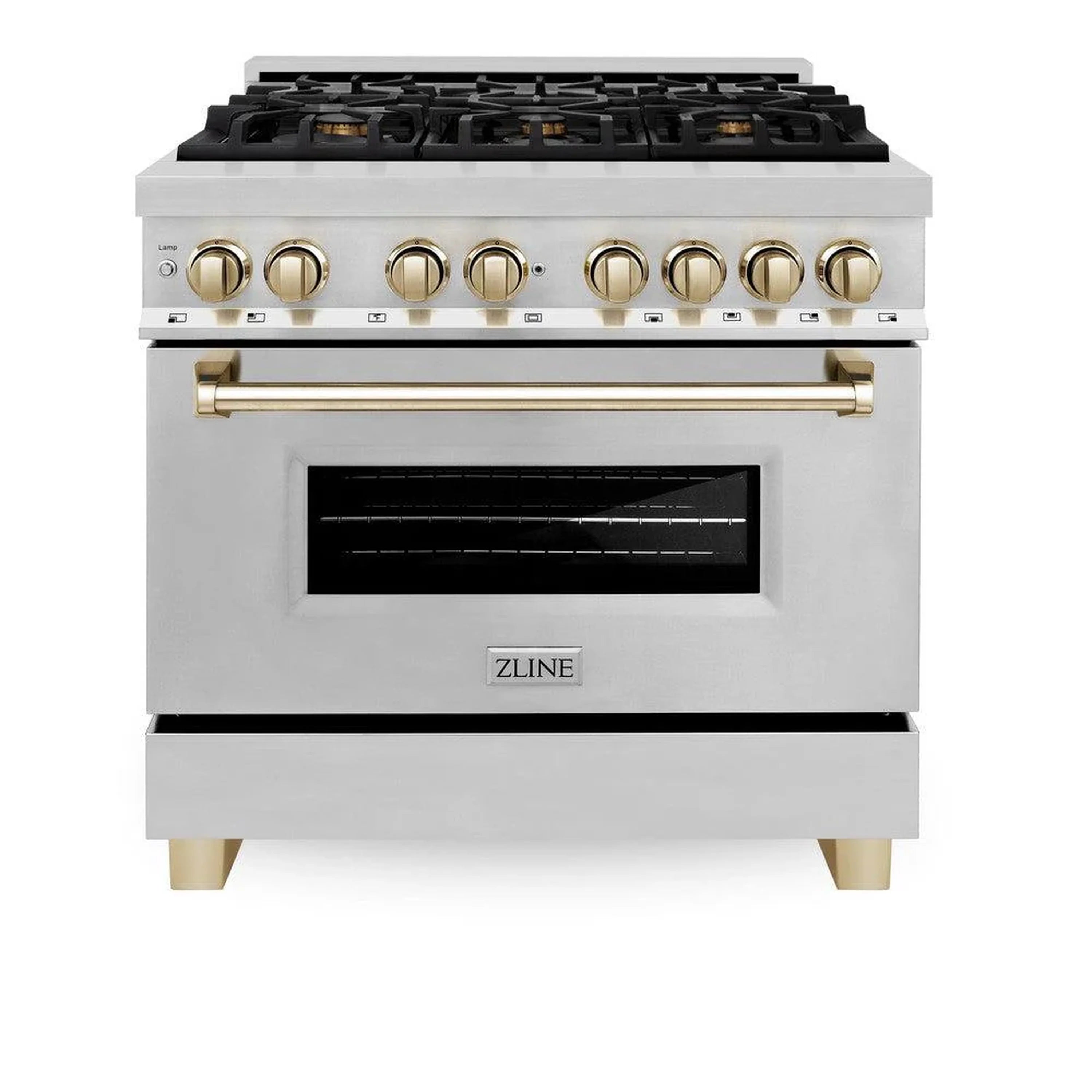 Stainless steel range with black glass oven window and gold control knobs
