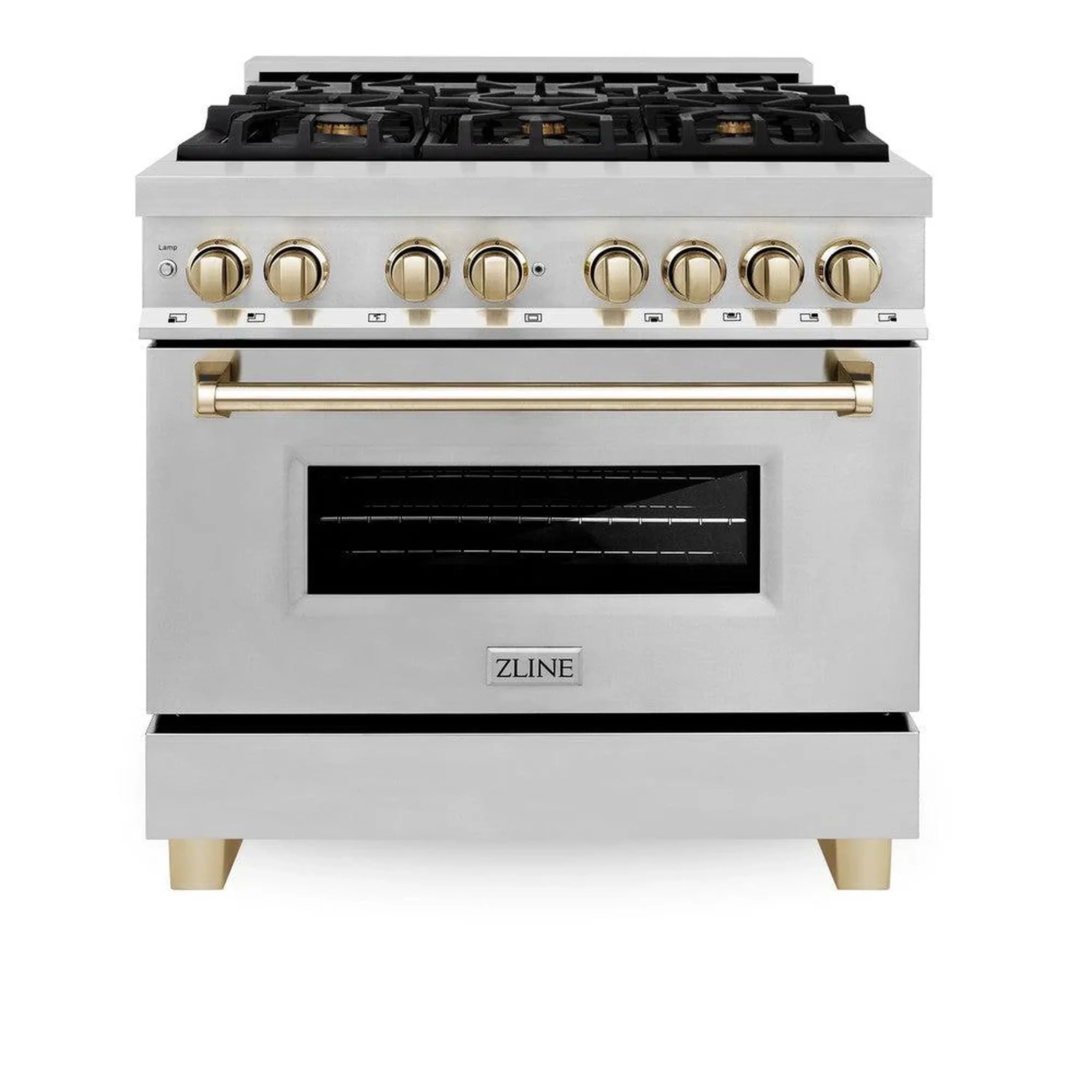 Stainless steel freestanding dual-fuel range with gold control knobs and oven window