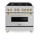 ZLINE 5-Piece Appliance Package - 36-Inch Legacy Autograph Dual Fuel Range, Wall Mount Range Hood, 36-Inch French Door Refrigerator, Dishwasher, and 30-Inch Microwave Drawer in Stainless Steel with Gold Accents