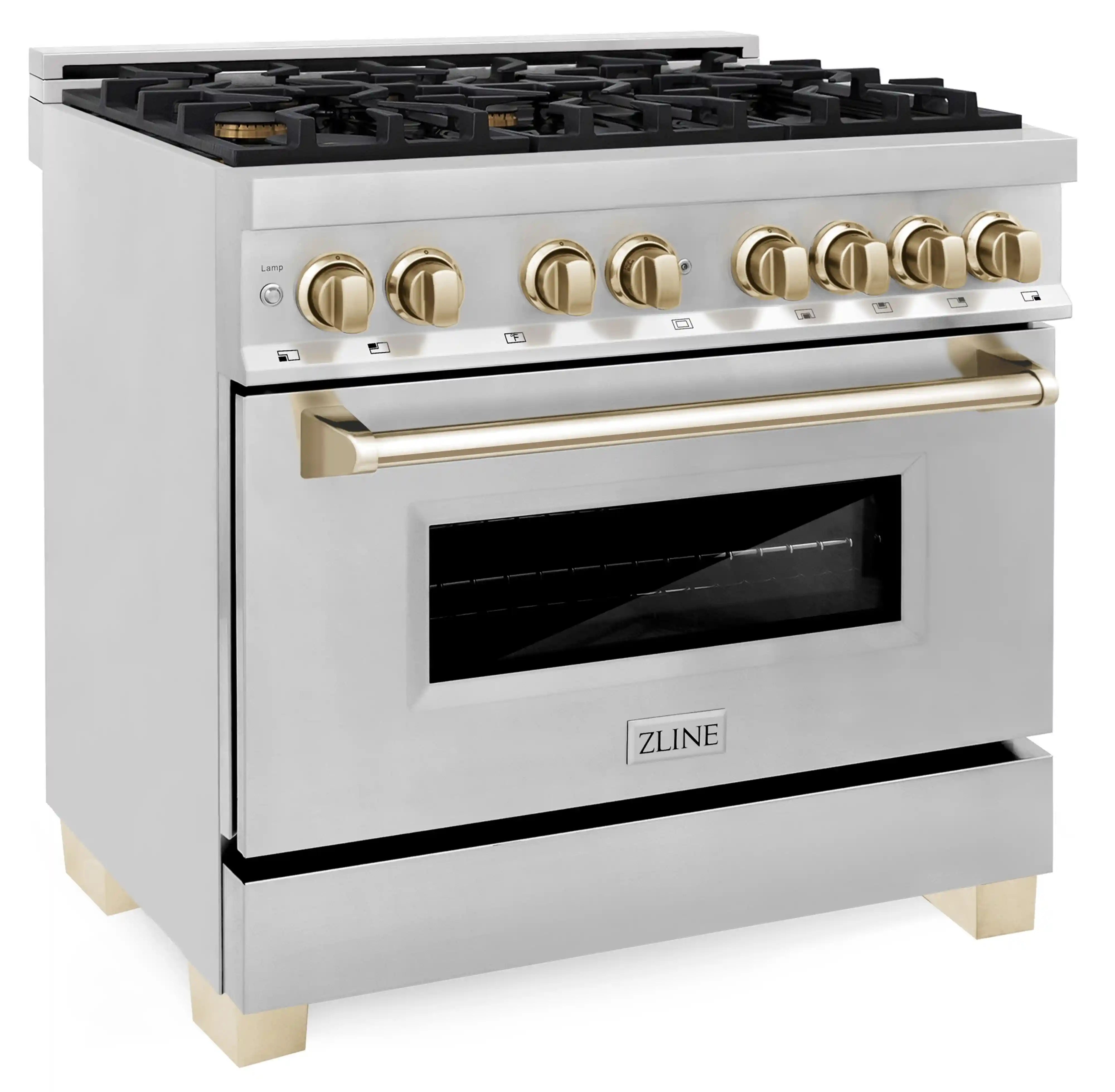 Stainless steel dual fuel range with gold handle, black oven window, and knobs