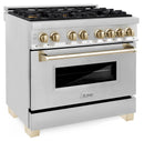 ZLINE 5-Piece Appliance Package - 36-Inch Legacy Autograph Dual Fuel Range, Wall Mount Range Hood, 36-Inch French Door Refrigerator, Dishwasher, and 30-Inch Microwave Drawer in Stainless Steel with Gold Accents