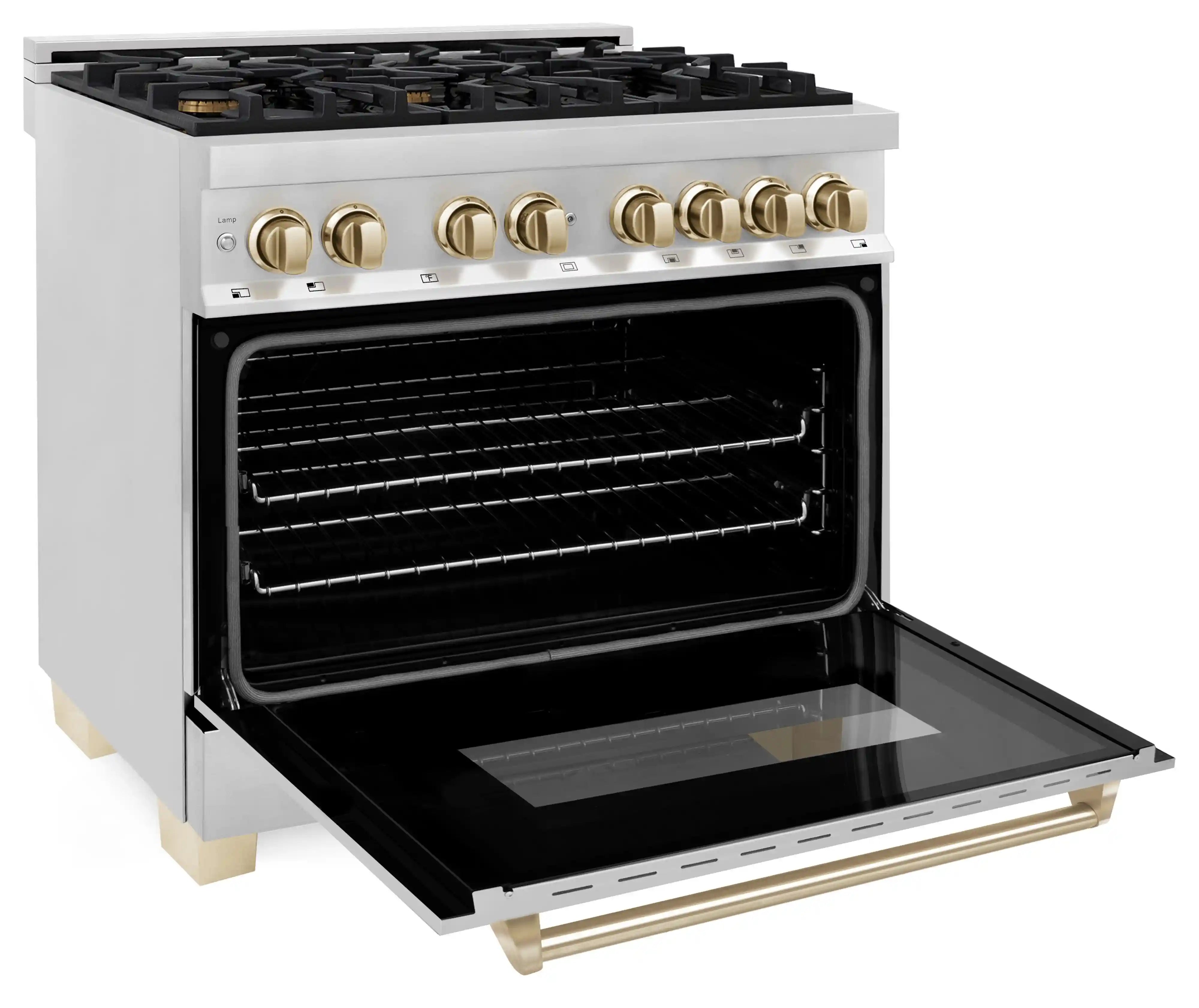 Stainless steel dual fuel range with oven door open and dark interior view