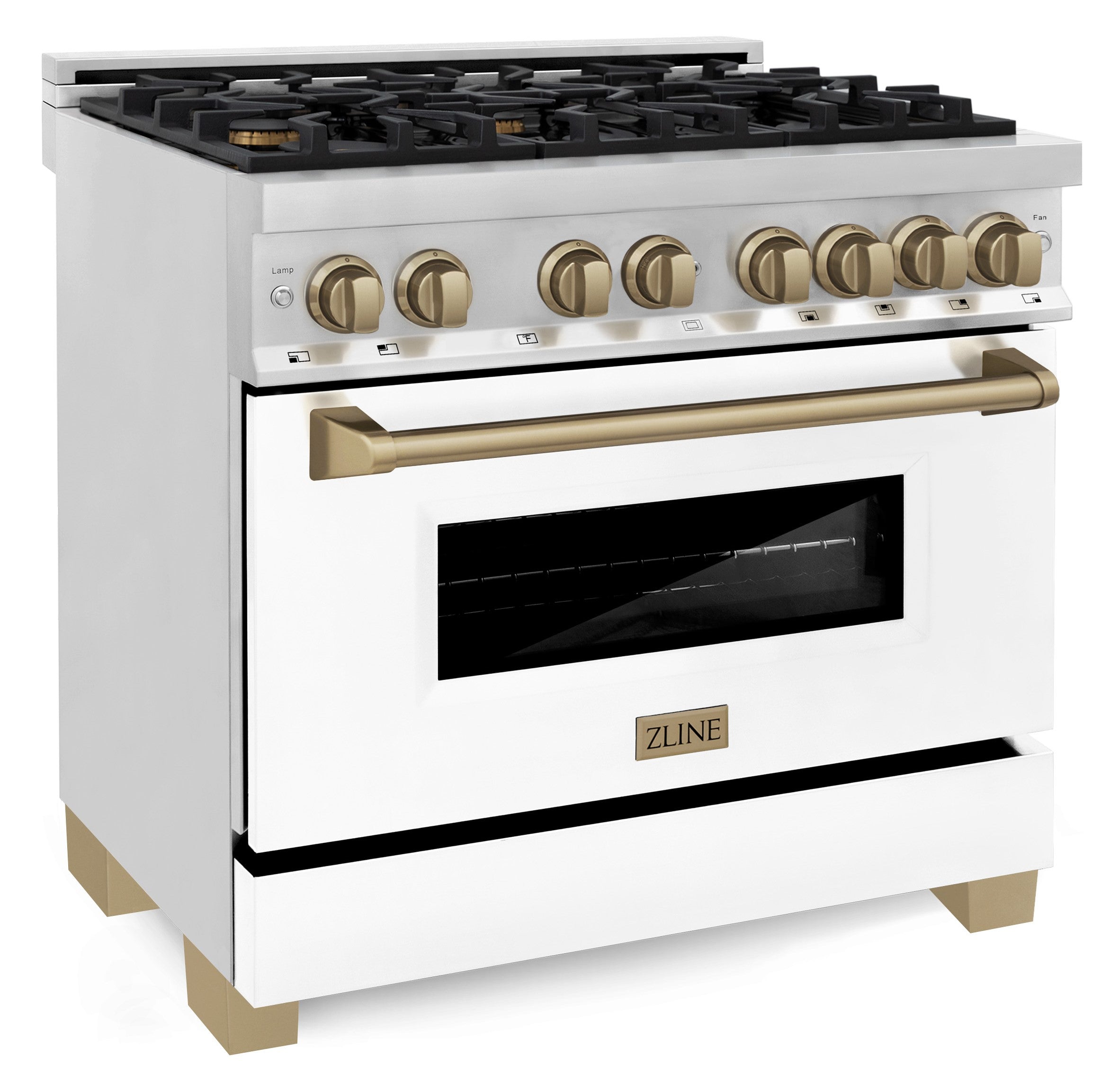 Stainless dual fuel range with white matte oven door and gold control accents