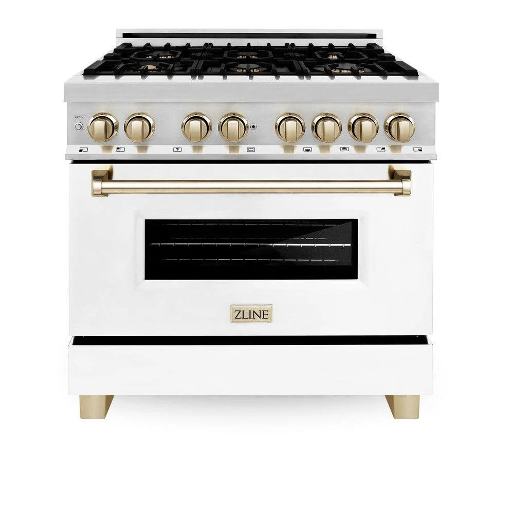 ZLINE dual fuel range in white with black grates and gold control knobs