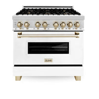 ZLINE Legacy Series Autograph Edition 36-inch Dual Fuel Range with Gas Stove and 4.6 Cu. Ft. Electric Oven in Stainless Steel with White Matte Door and Gold Accents (RAZ-WM-36-G)
