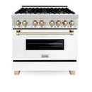 ZLINE Legacy Series Autograph Edition 36-inch Dual Fuel Range with Gas Stove and 4.6 Cu. Ft. Electric Oven in Stainless Steel with White Matte Door and Gold Accents (RAZ-WM-36-G)