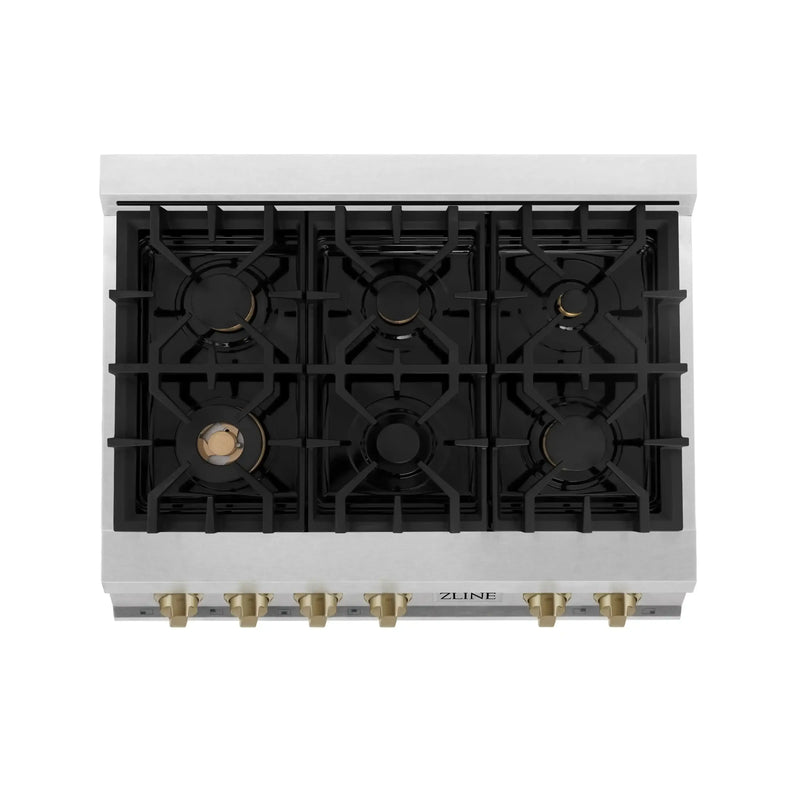 ZLINE Autograph Edition 36-Inch Porcelain Rangetop with 6 Gas Burners in DuraSnow® Stainless Steel and Champagne Bronze Accents (RTSZ-36-CB)