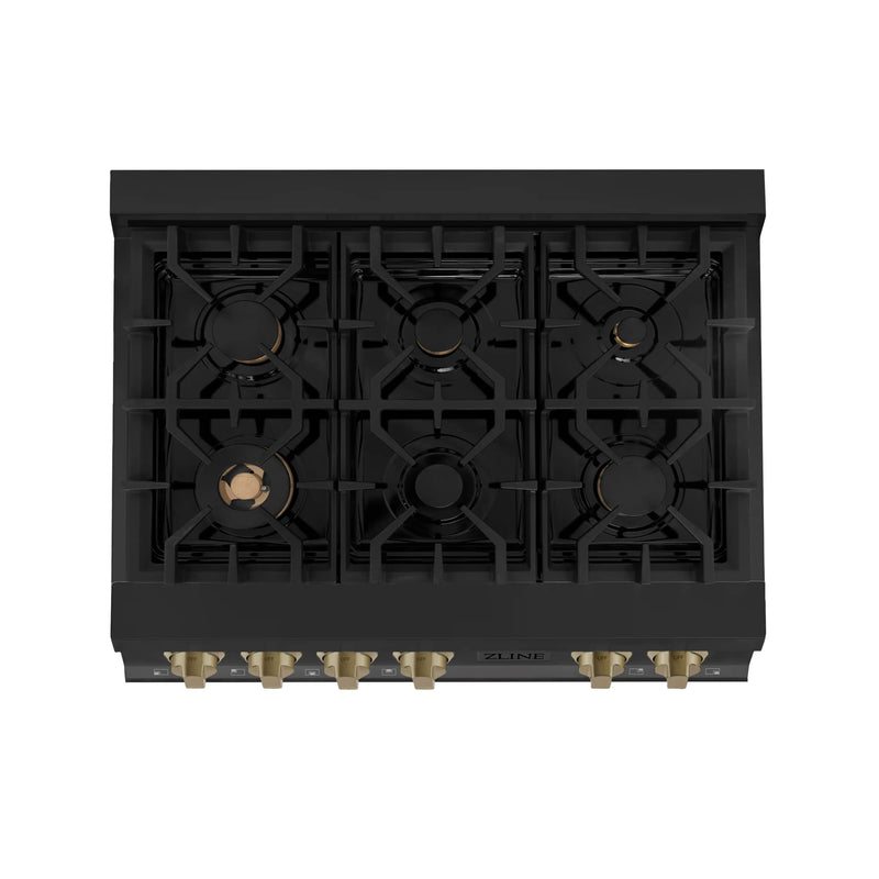 ZLINE Autograph Edition 36-Inch Porcelain Rangetop with 6 Gas Burners in Black Stainless Steel and Champagne Bronze Accents (RTBZ-36-CB)