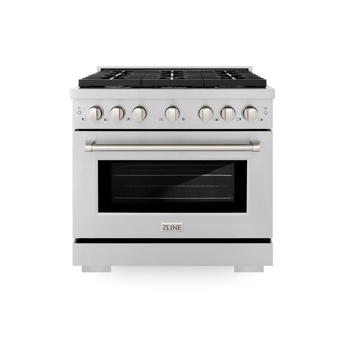 Stainless steel gas range with oven window and control knobs (three-quarter view)