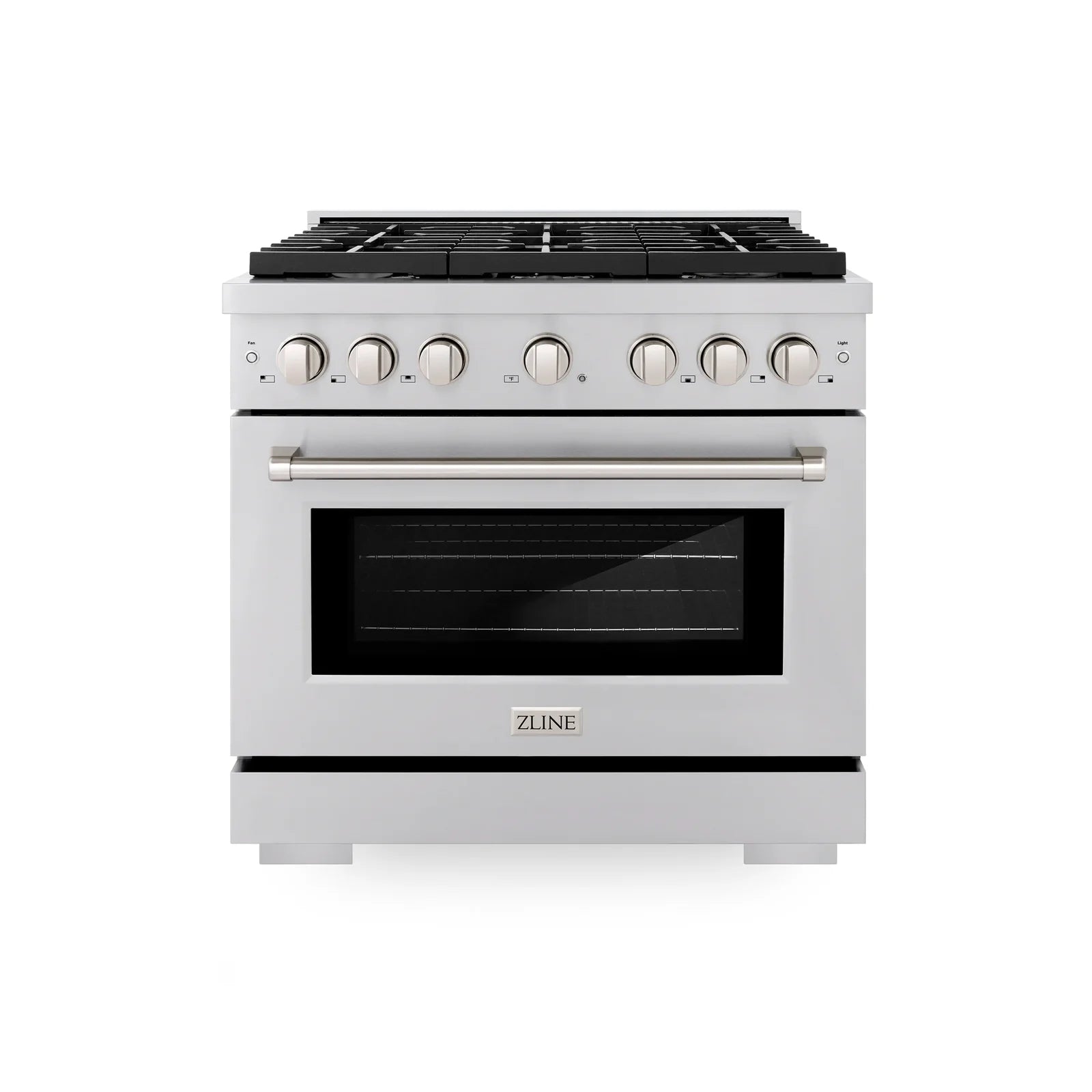 Stainless steel freestanding gas range with black cooktop burners and oven door