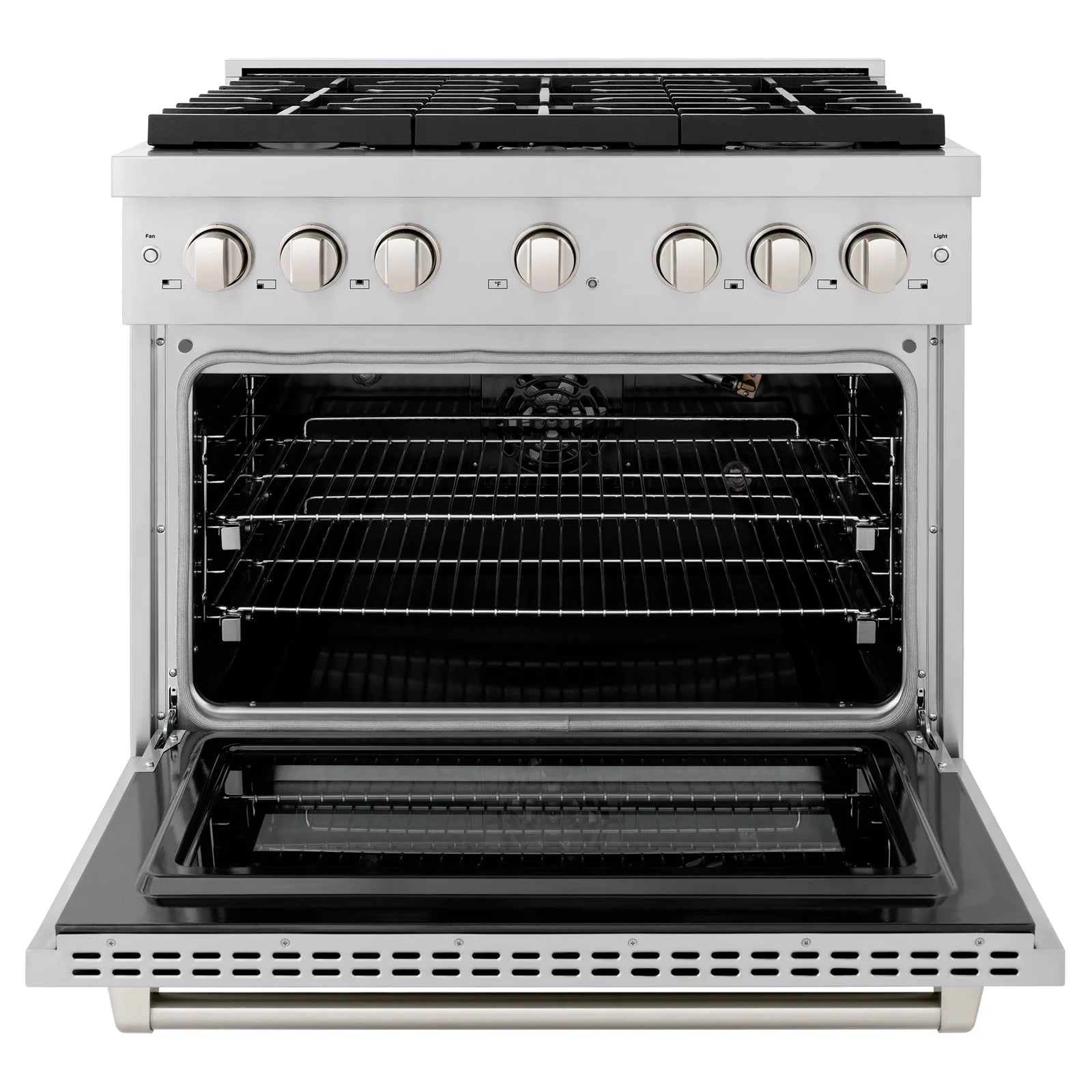 Open oven door on stainless steel gas range with interior racks
