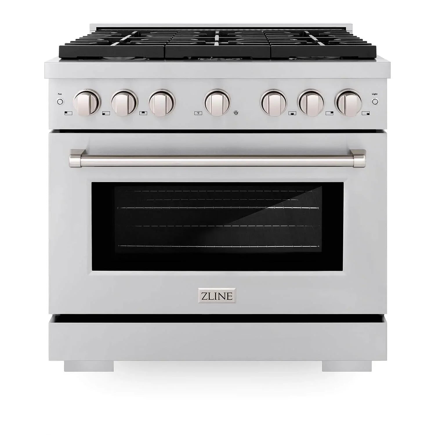 Stainless steel gas range with front control knobs and black glass oven window