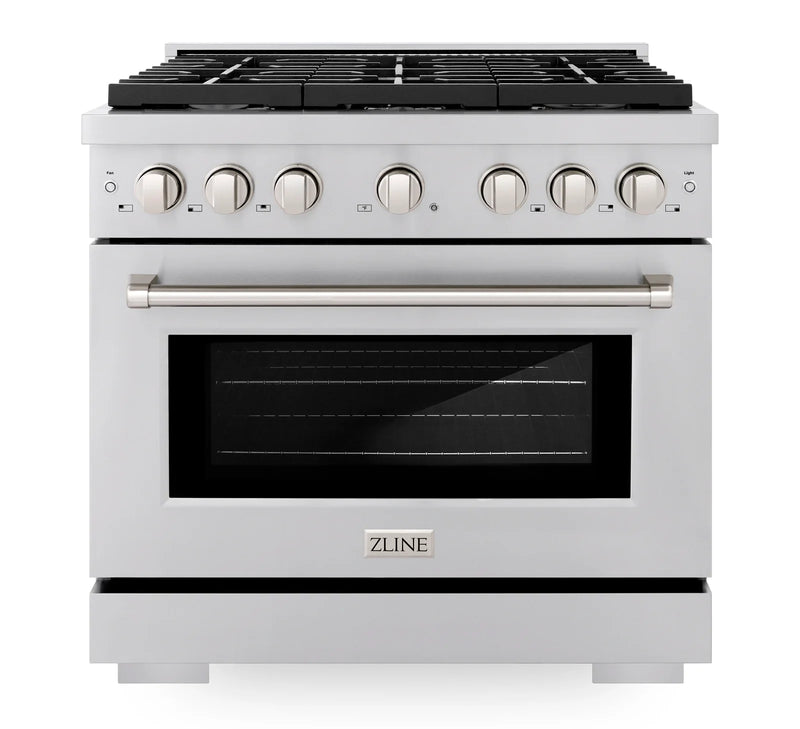 ZLINE 4-Piece Appliance Package - 36-Inch Gas Range, Refrigerator, Convertible Wall Mount Hood, and Microwave Oven in Stainless Steel (4KPR-RGRH36-MO)